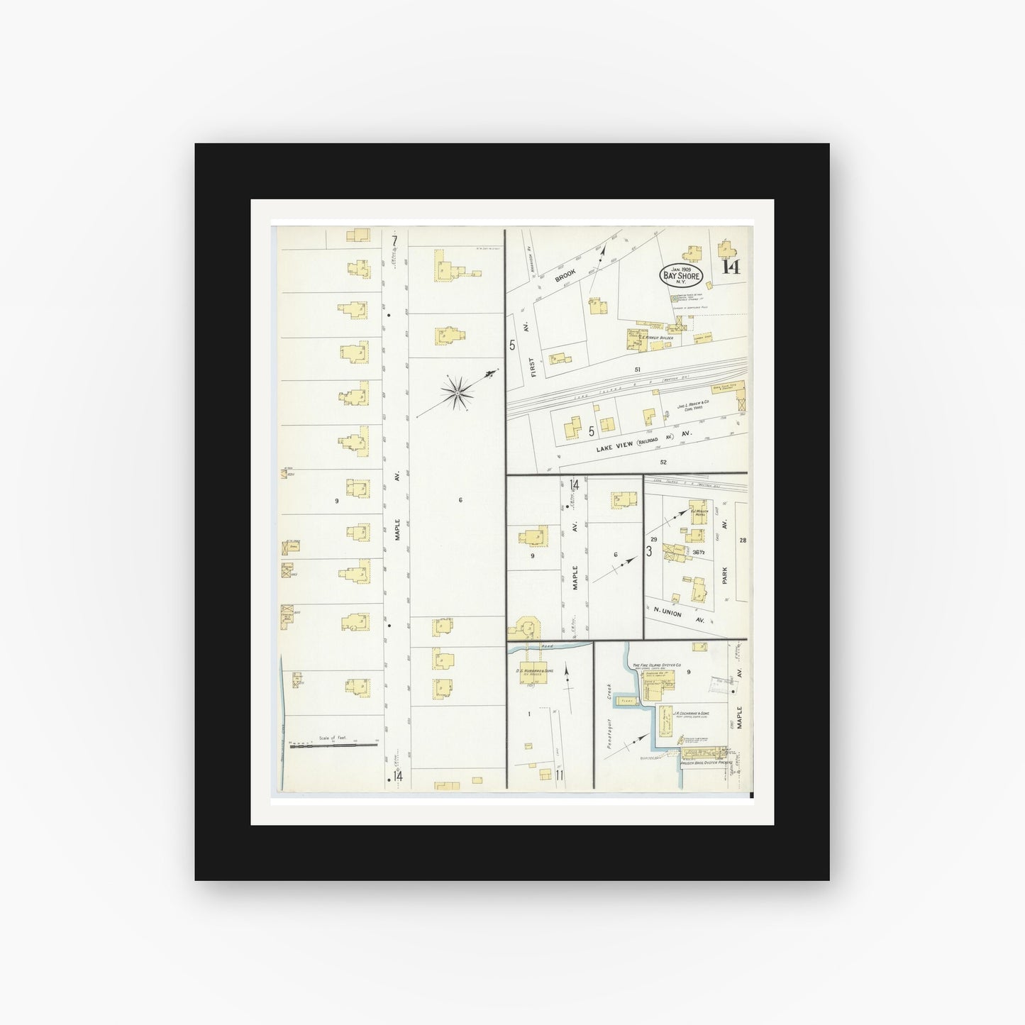 Old map wall art mockup — black gallery frame with white mat — Sanborn Fire Insurance Map from Bay Shore, Suffolk County, New York (1909), Sheet #0014