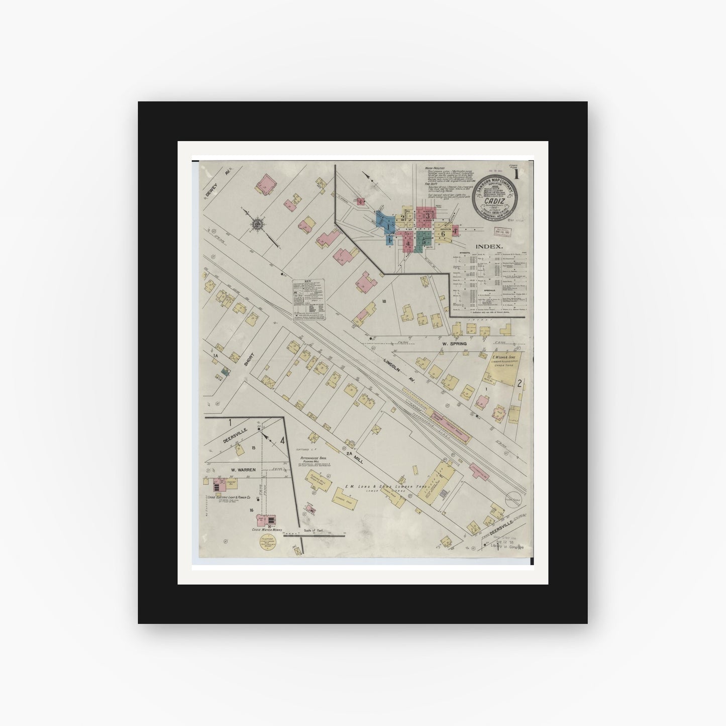 Old map wall art mockup — black gallery frame with white mat — Sanborn Fire Insurance Map from Cadiz, Harrison County, Ohio (1909) - Complete Map Set