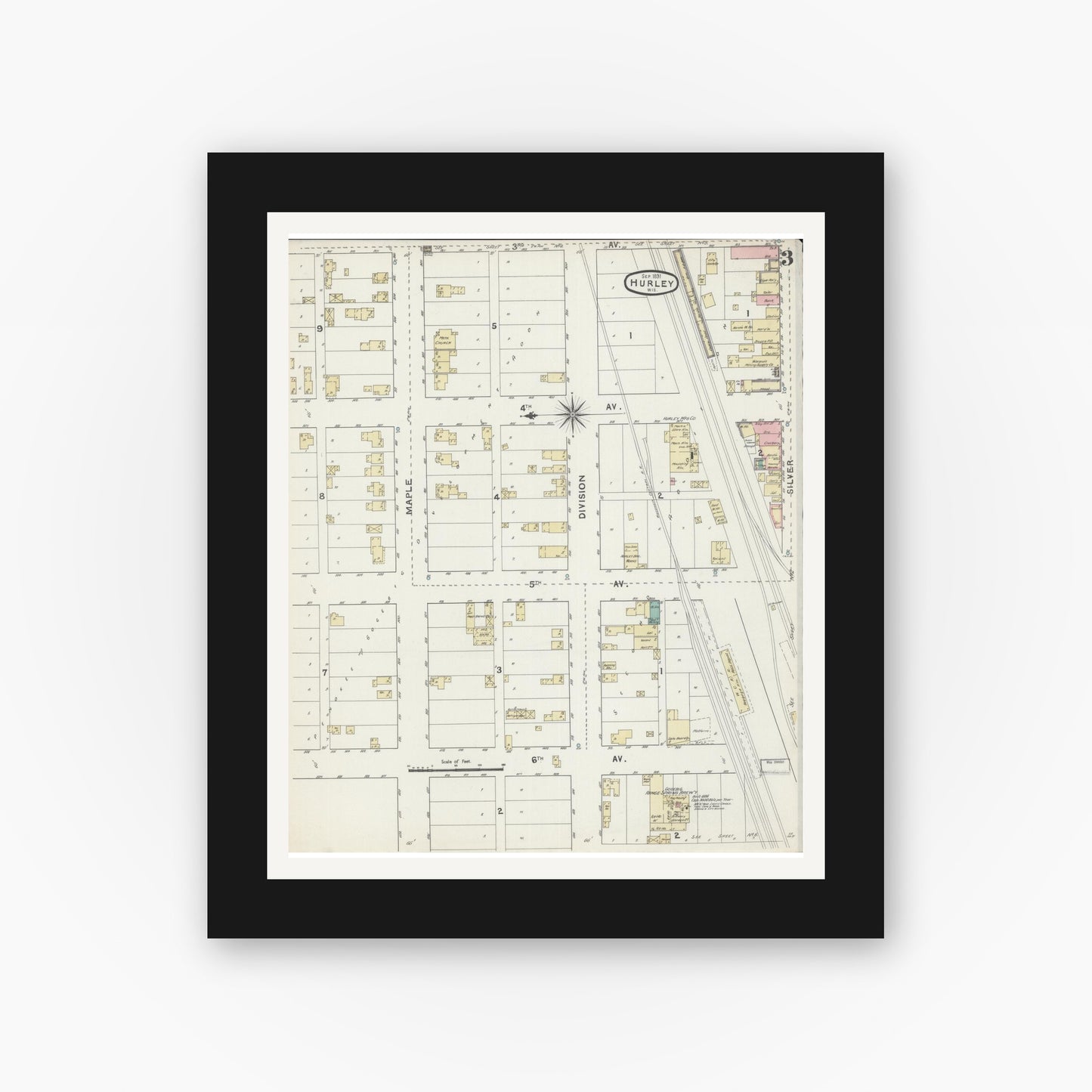 Old map wall art mockup — black gallery frame with white mat — Sanborn Fire Insurance Map from Hurley, Iron County, Wisconsin (1891), Sheet #0003