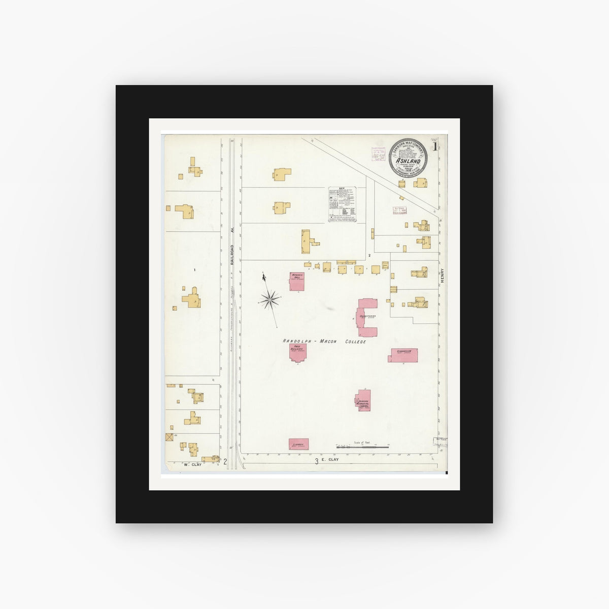 Old map wall art mockup — black gallery frame with white mat — Sanborn Fire Insurance Map from Ashland, Hanover County, Virginia (1908), Sheet #0001