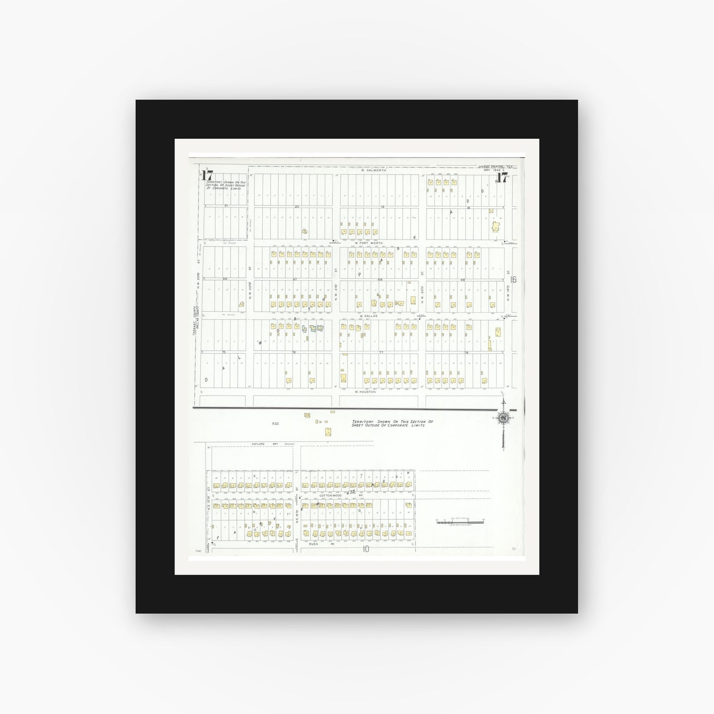 Old map wall art mockup — black gallery frame with white mat — Sanborn Fire Insurance Map from Grand Prairie, Dallas County, Texas (1943), Sheet #0017