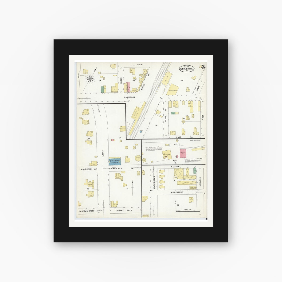 Old map wall art mockup — black gallery frame with white mat — Sanborn Fire Insurance Map from Hendersonville, Henderson County, North Carolina (1908), Sheet #0003