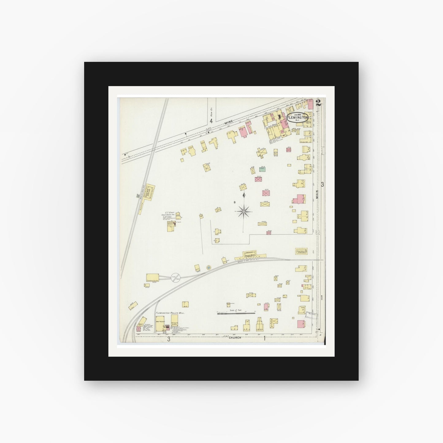 Old map wall art mockup — black gallery frame with white mat — Sanborn Fire Insurance Map from Flemington, Hunterdon County, New Jersey (1896), Sheet #0002