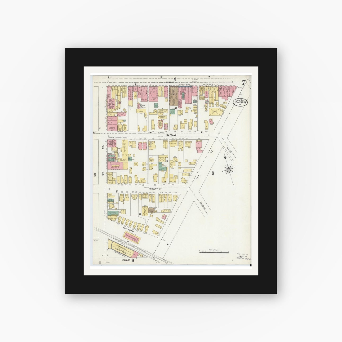 Old map wall art mockup — black gallery frame with white mat — Sanborn Fire Insurance Map from Franklin, Venango County, Pennsylvania (1906), Sheet #0007