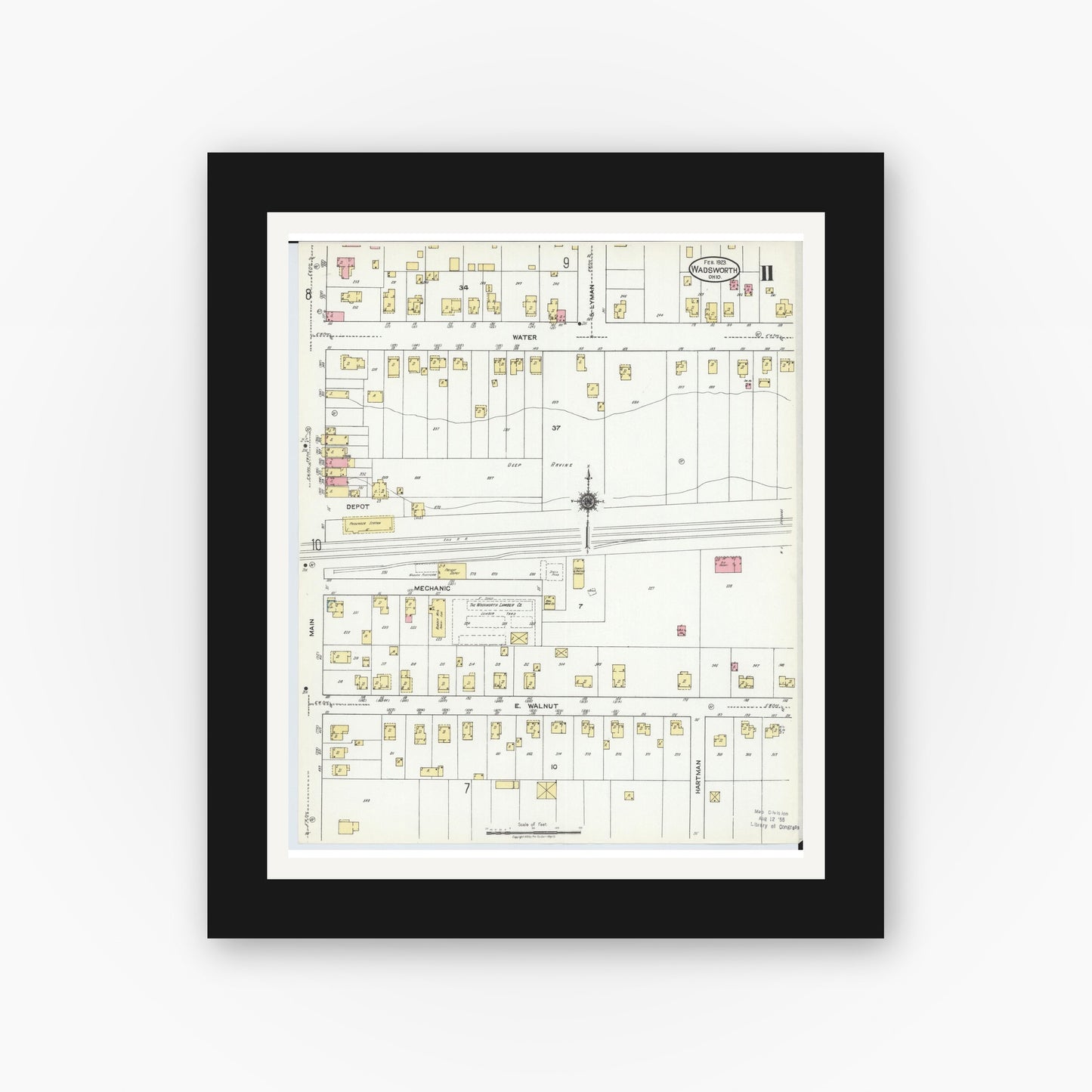 Old map wall art mockup — black gallery frame with white mat — Sanborn Fire Insurance Map from Wadsworth, Medina County, Ohio (1923), Sheet #0011