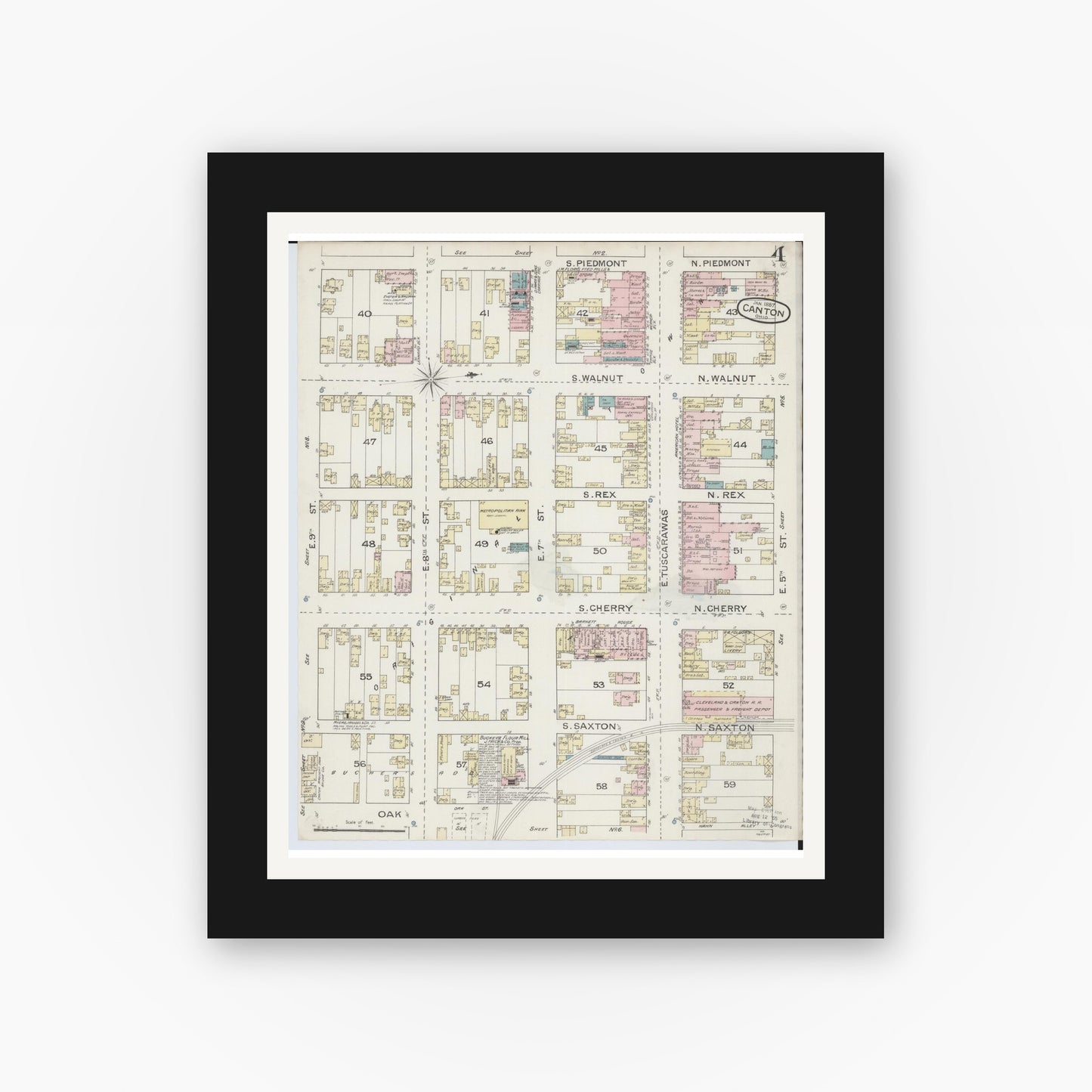 Old map wall art mockup — black gallery frame with white mat — Sanborn Fire Insurance Map from Canton, Stark County, Ohio (1887), Sheet #0004