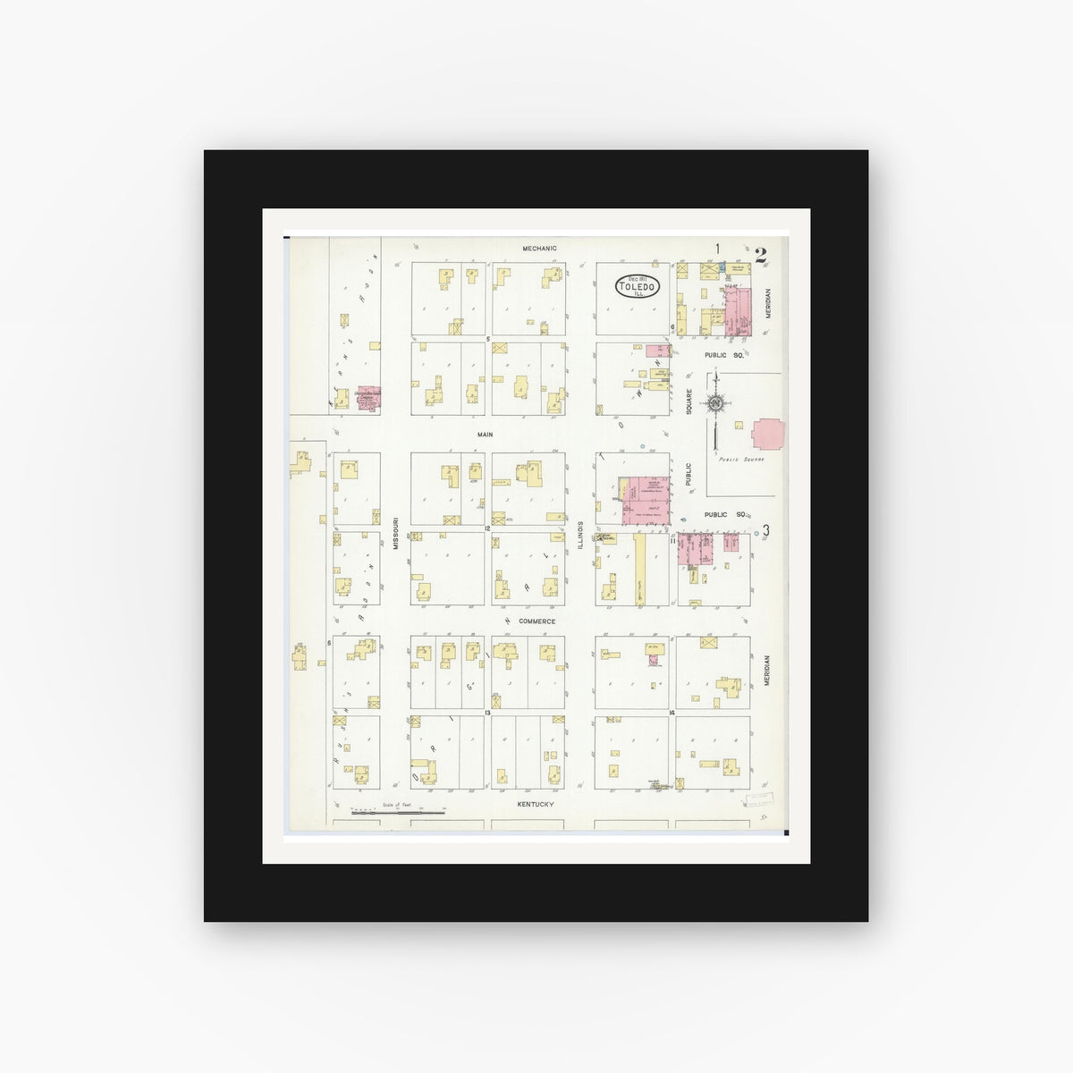 Old map wall art mockup — black gallery frame with white mat — Sanborn Fire Insurance Map from Toledo, Cumberland County, Illinois (1911), Sheet #0002