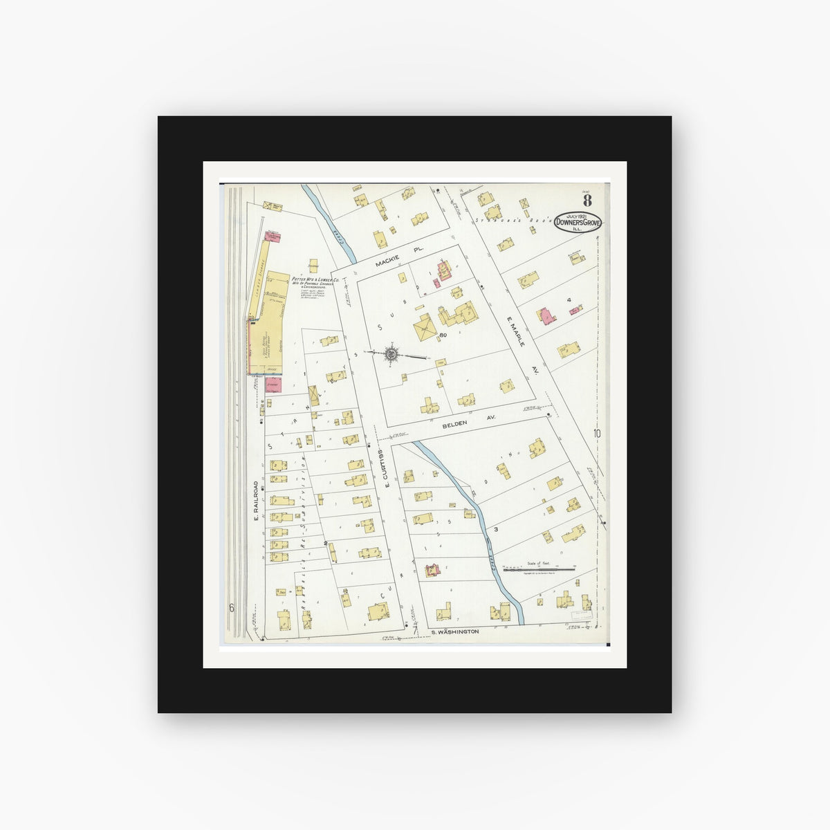 Old map wall art mockup — black gallery frame with white mat — Sanborn Fire Insurance Map from Downers Grove, Dupage County, Illinois (1921), Sheet #0008
