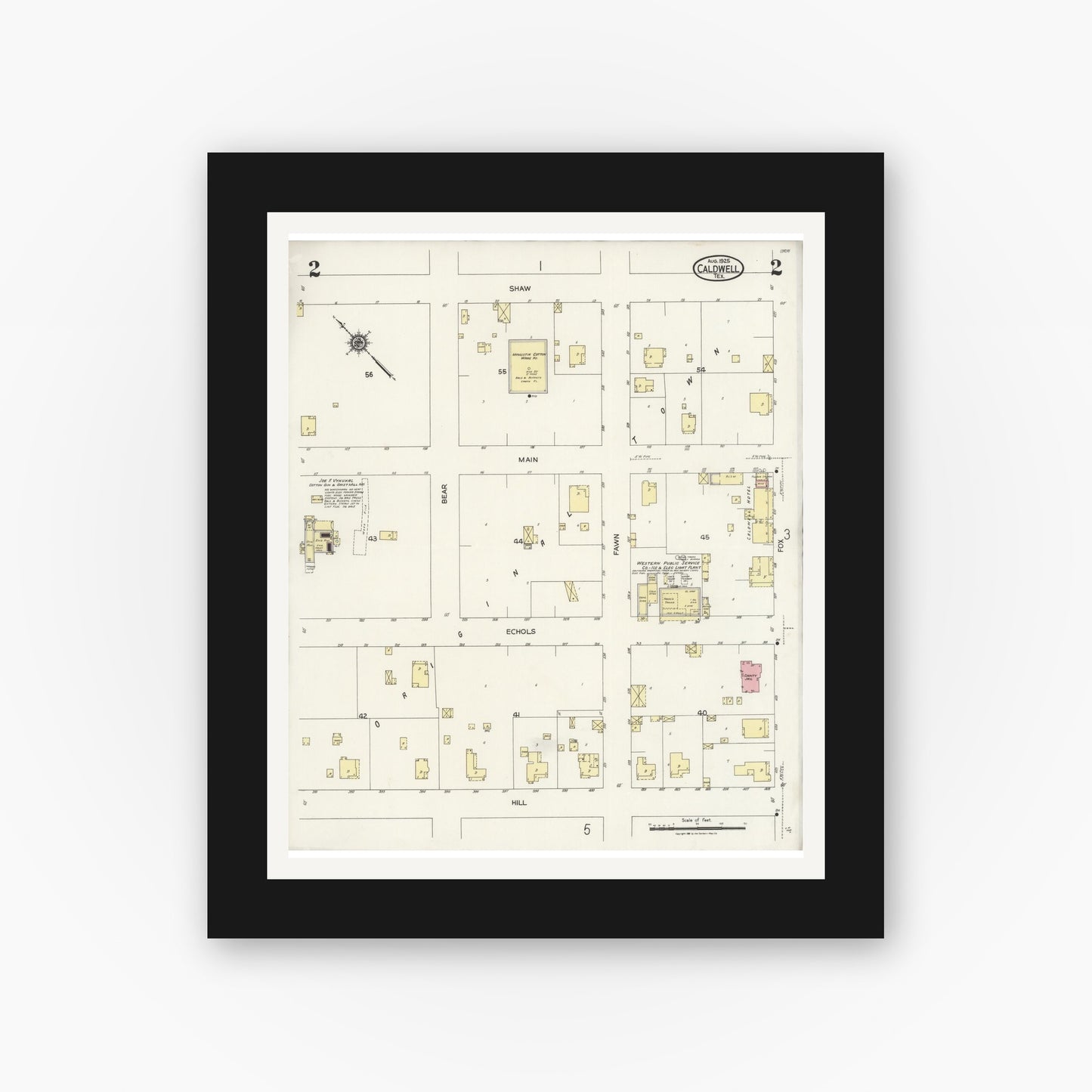 Old map wall art mockup — black gallery frame with white mat — Sanborn Fire Insurance Map from Caldwell, Burleson County, Texas (1925), Sheet #0002