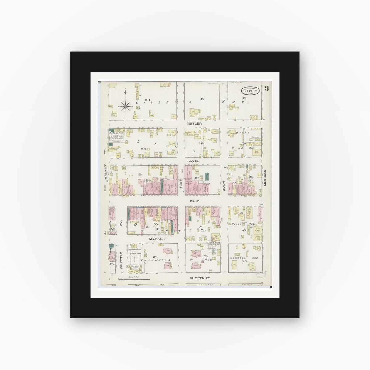 Old map wall art mockup — black gallery frame with white mat — Sanborn Fire Insurance Map from Olney, Richland County, Illinois (1886), Sheet #0003