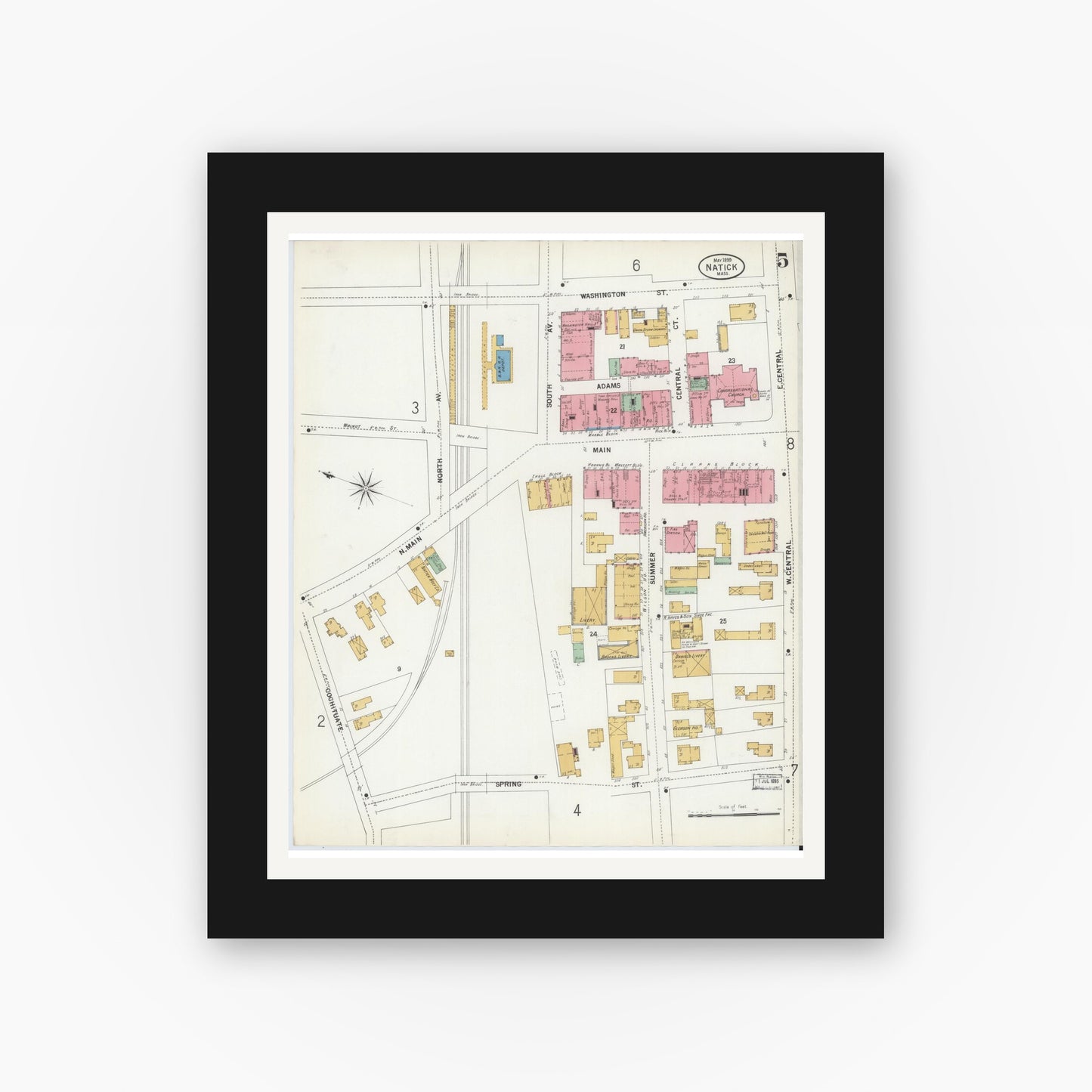 Old map wall art mockup — black gallery frame with white mat — Sanborn Fire Insurance Map from Natick, Middlesex County, Massachusetts (1899), Sheet #0005