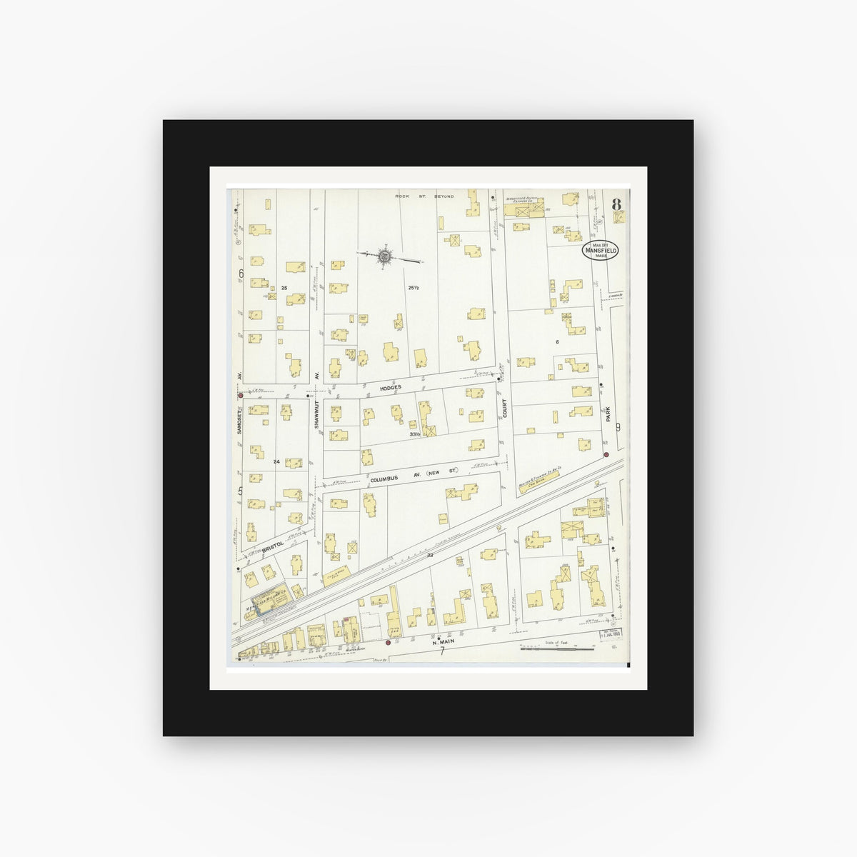 Old map wall art mockup — black gallery frame with white mat — Sanborn Fire Insurance Map from Mansfield, Bristol County, Massachusetts (1911), Sheet #0008