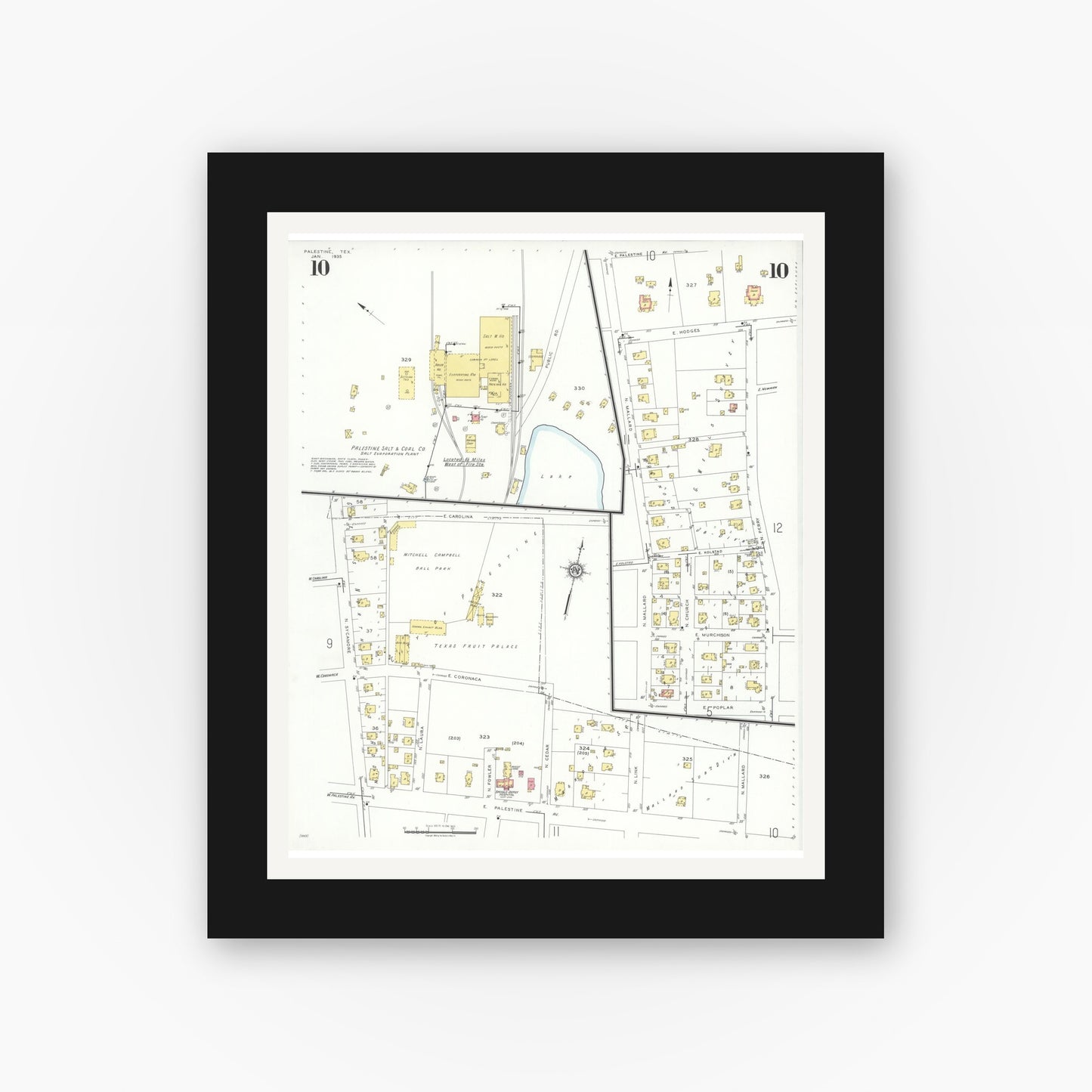 Old map wall art mockup — black gallery frame with white mat — Sanborn Fire Insurance Map from Palestine, Anderson County, Texas (1935), Sheet #0010