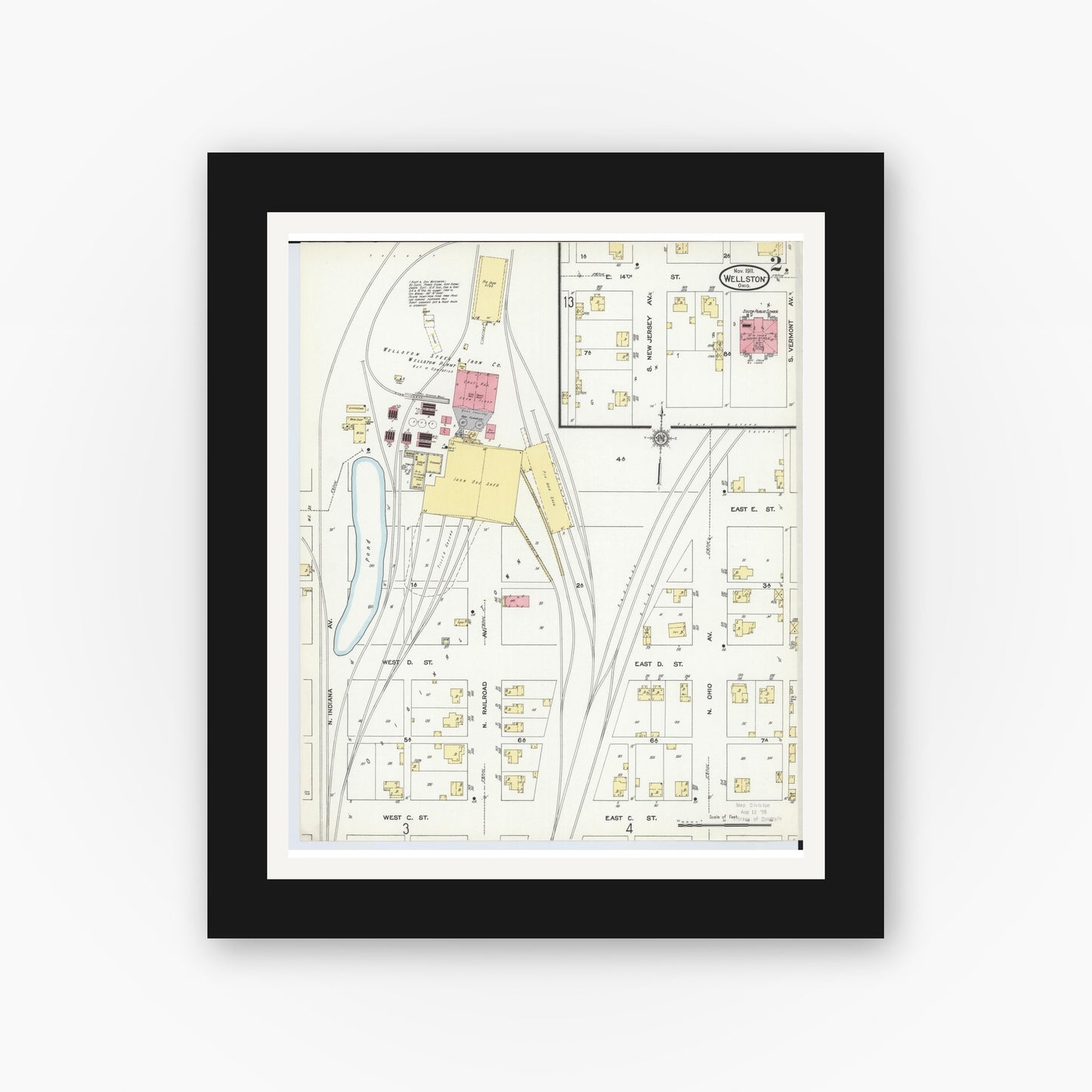 Old map wall art mockup — black gallery frame with white mat — Sanborn Fire Insurance Map from Wellston, Jackson County, Ohio (1911), Sheet #0002