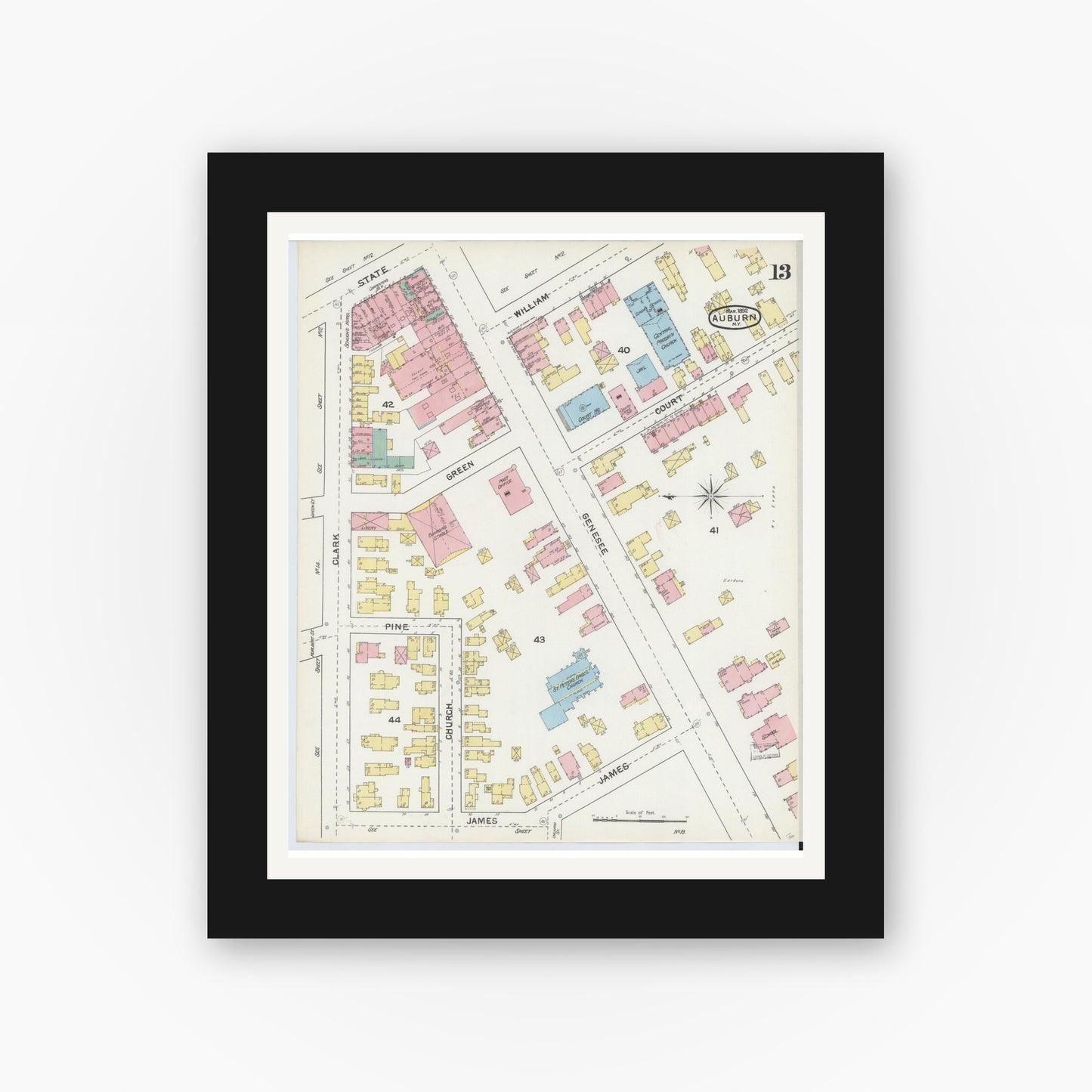 Old map wall art mockup — black gallery frame with white mat — Sanborn Fire Insurance Map from Auburn, Cayuga County, New York (1892), Sheet #0013