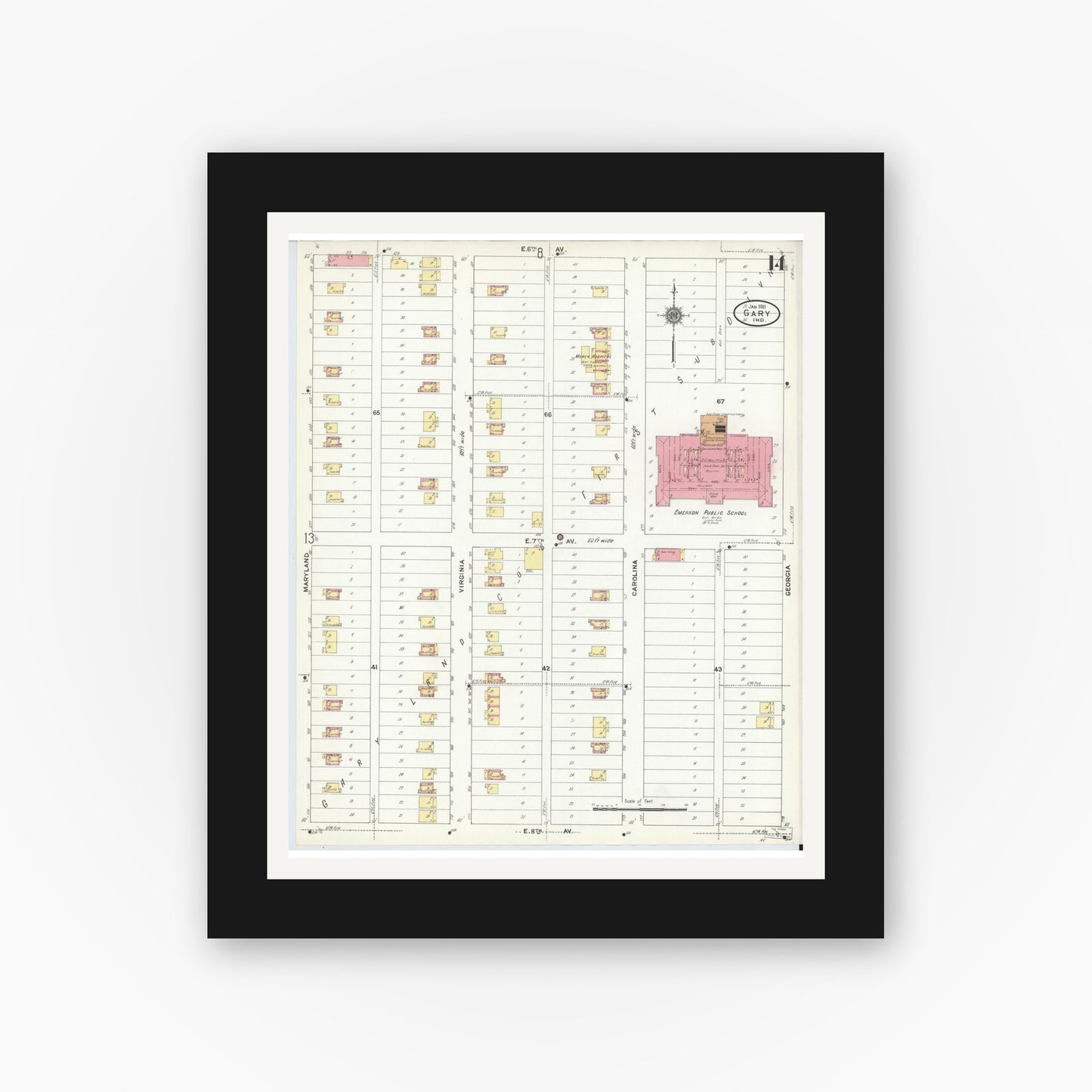 Old map wall art mockup β black gallery frame with white mat β Sanborn Fire Insurance Map from Gary, Lake County, Indiana (1911), Sheet #0014