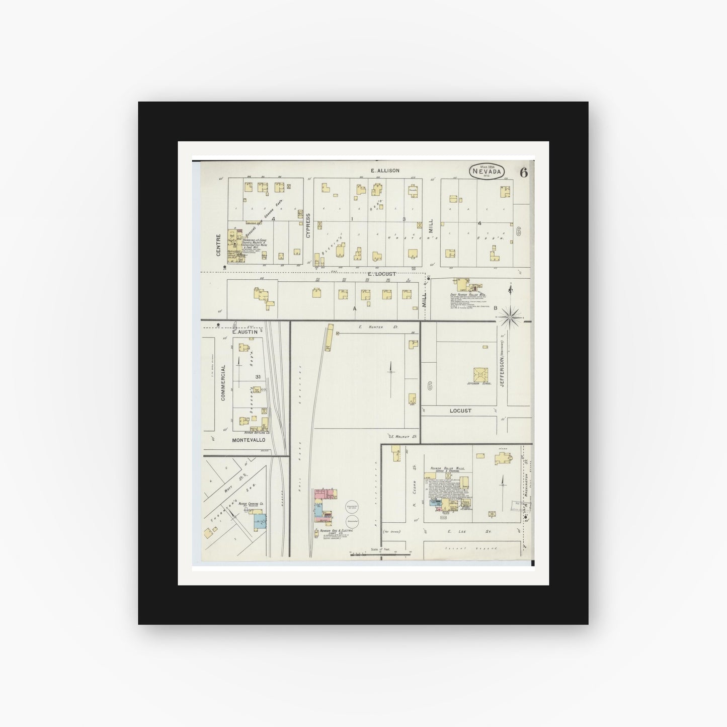 Old map wall art mockup — black gallery frame with white mat — Sanborn Fire Insurance Map from Nevada, Vernon County, Missouri (1894), Sheet #0006