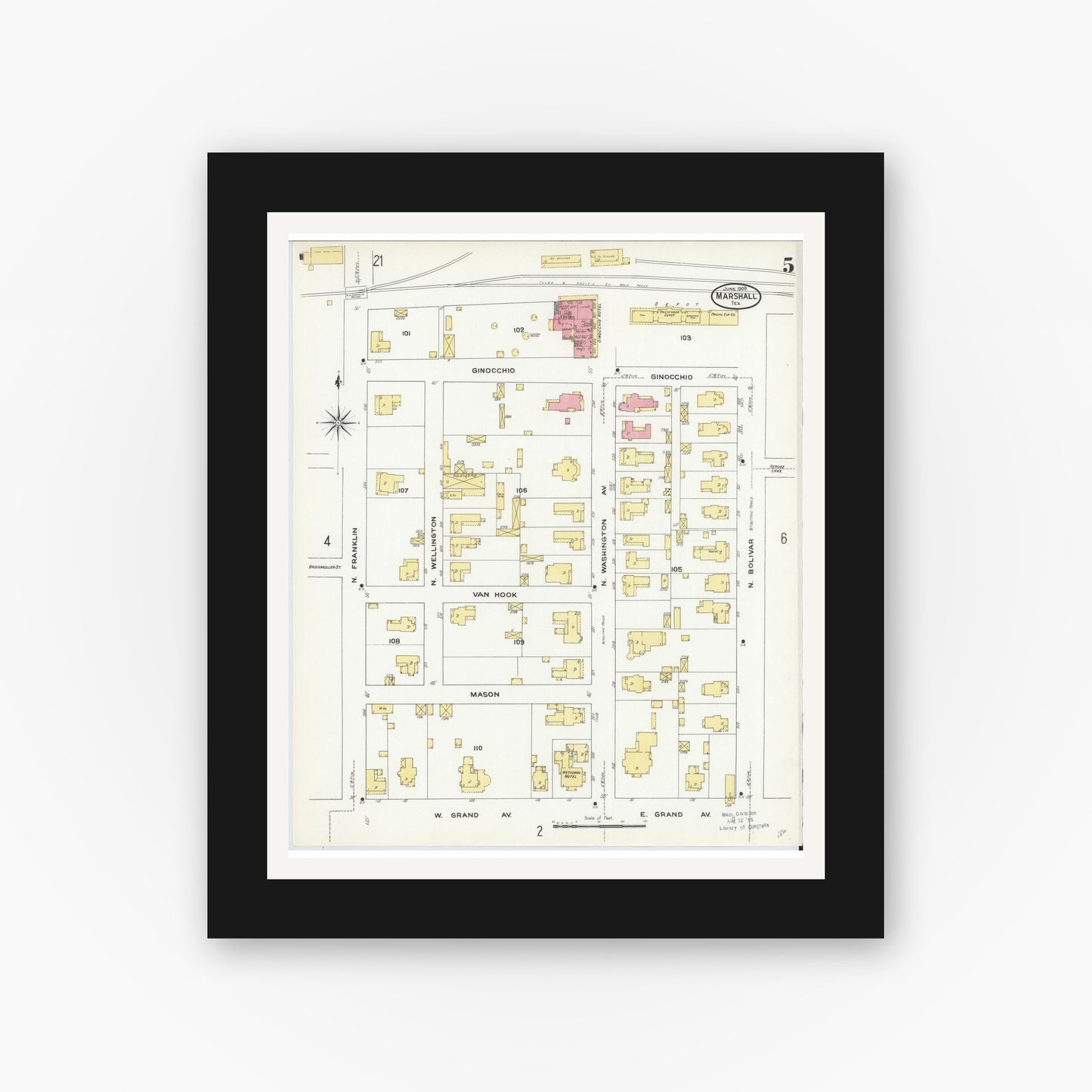 Old map wall art mockup — black gallery frame with white mat — Sanborn Fire Insurance Map from Marshall, Harrison County, Texas (1909), Sheet #0005