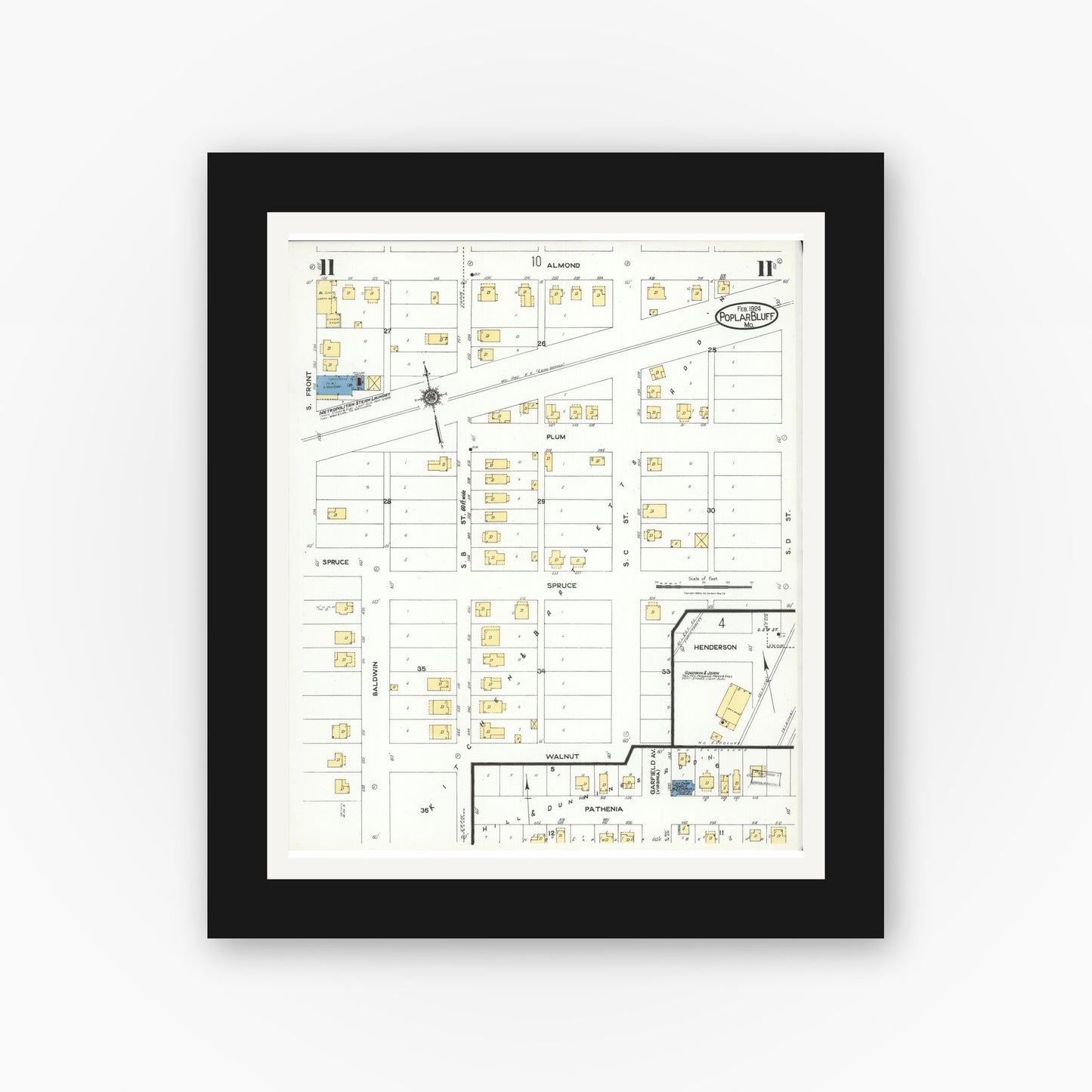 Old map wall art mockup — black gallery frame with white mat — Sanborn Fire Insurance Map from Poplar Bluff, Butler County, Missouri (1924), Sheet #0011