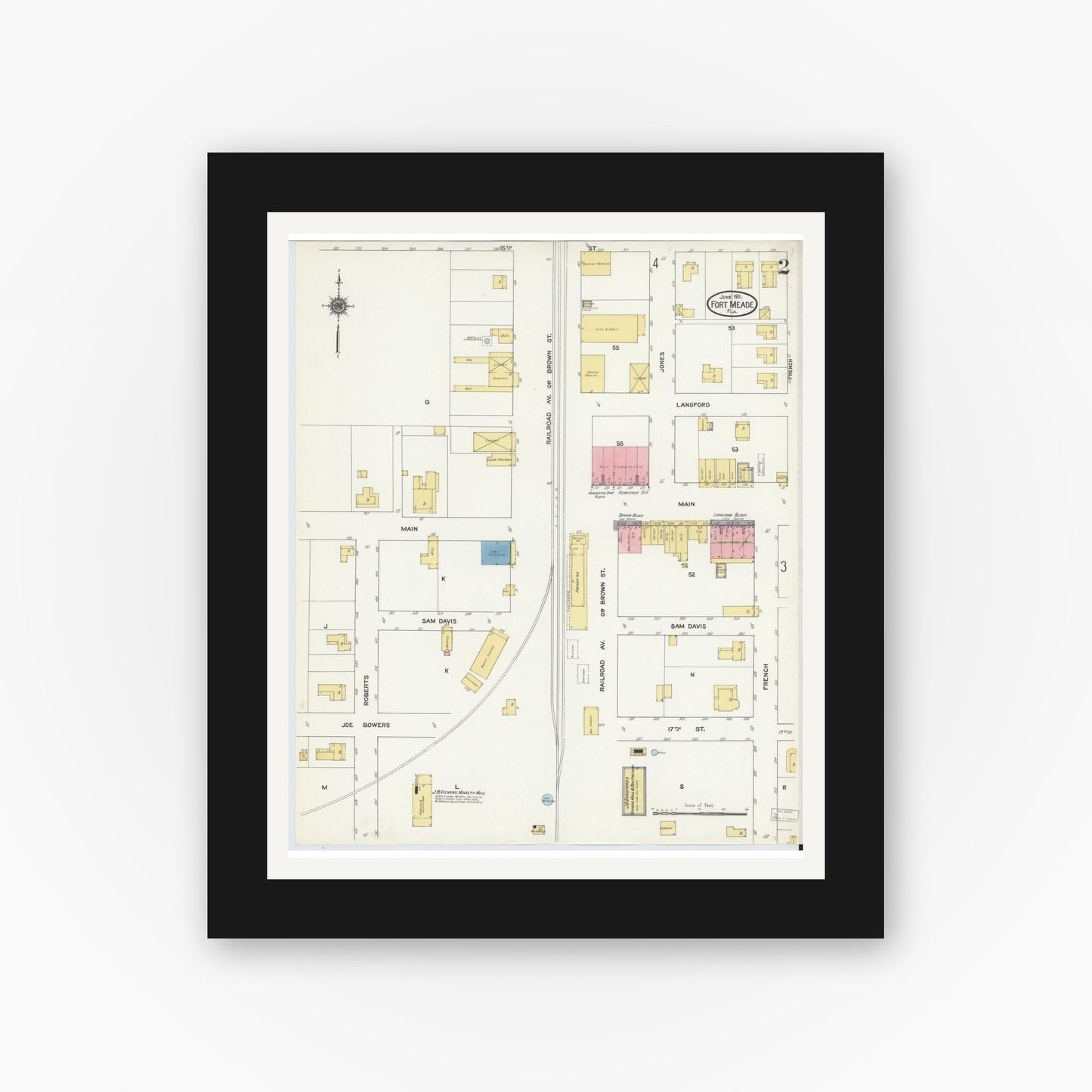 Old map wall art mockup — black gallery frame with white mat — Sanborn Fire Insurance Map from Fort Meade, Polk County, Florida (1911), Sheet #0002