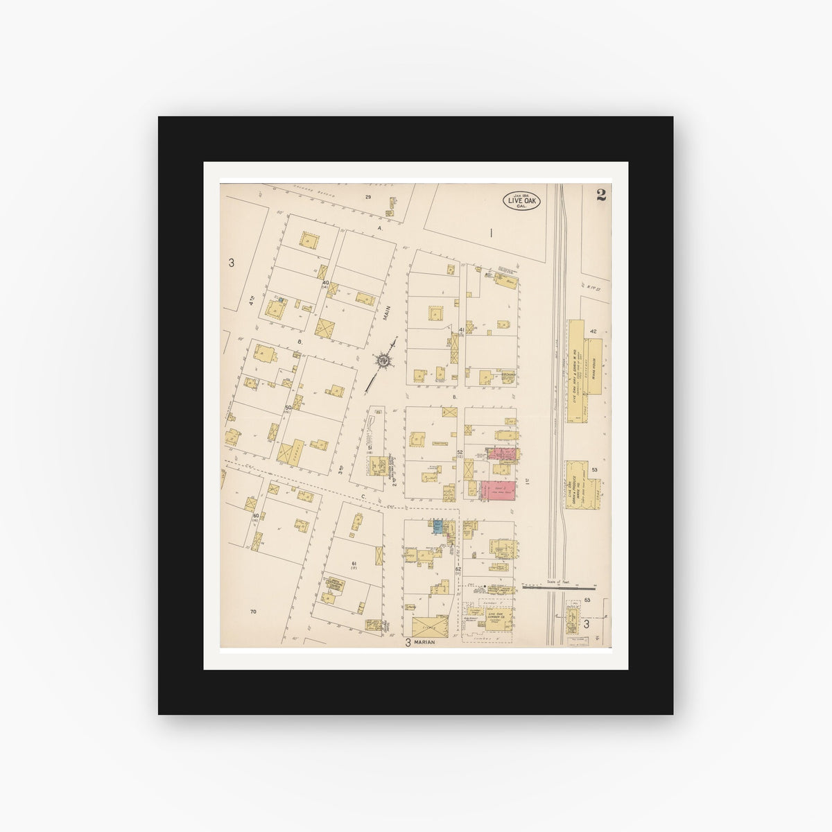 Old map wall art mockup — black gallery frame with white mat — Sanborn Fire Insurance Map from Live Oak, Sutter County, California (1914), Sheet #0002