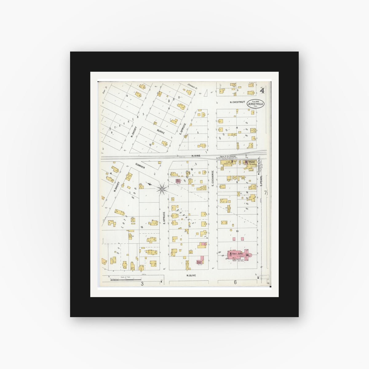 Old map wall art mockup — black gallery frame with white mat — Sanborn Fire Insurance Map from Jerseyville, Jersey County, Illinois (1900), Sheet #0004