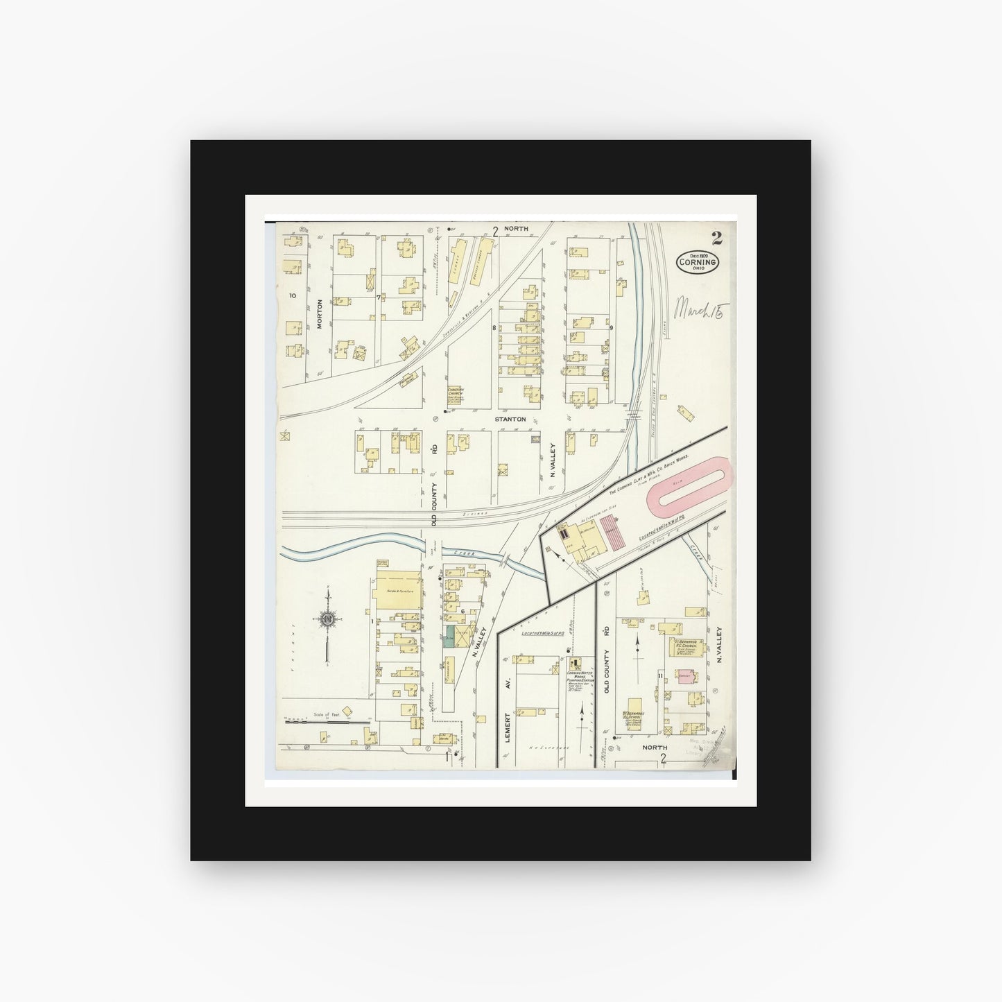 Old map wall art mockup — black gallery frame with white mat — Sanborn Fire Insurance Map from Corning, Perry County, Ohio (1909), Sheet #0002