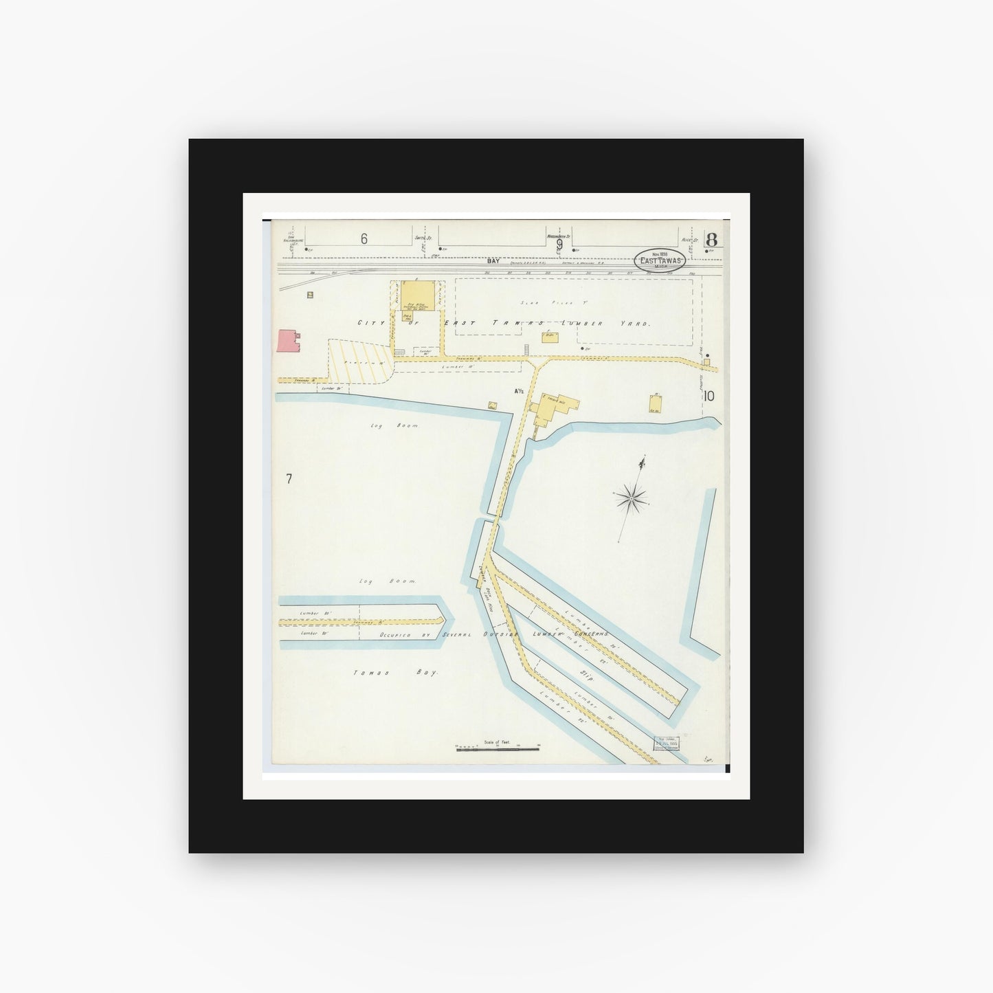 Old map wall art mockup — black gallery frame with white mat — Sanborn Fire Insurance Map from East Tawas, Iosco County, Michigan (1898), Sheet #0008