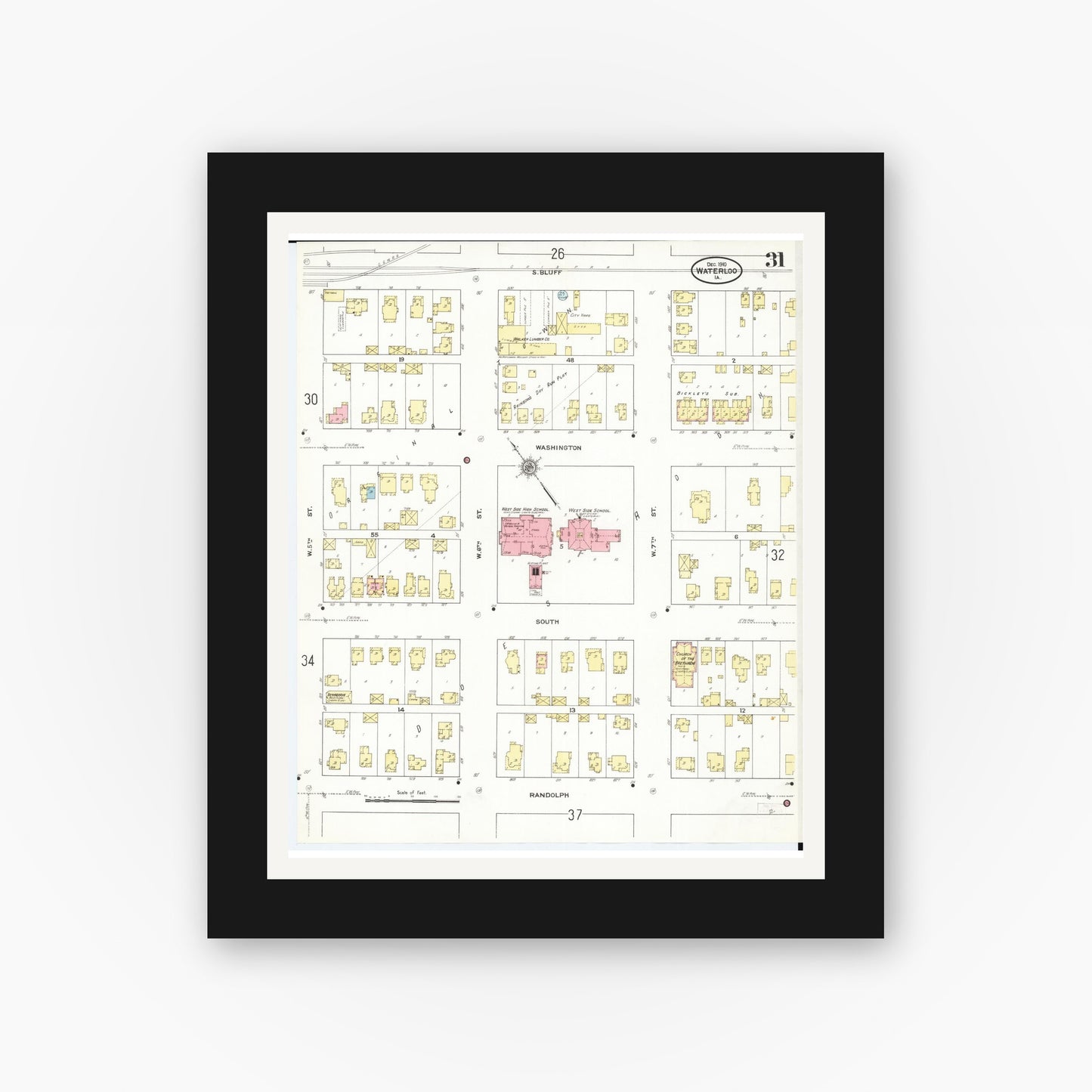 Old map wall art mockup — black gallery frame with white mat — Sanborn Fire Insurance Map from Waterloo, Black Hawk County, Iowa (1910), Sheet #0031