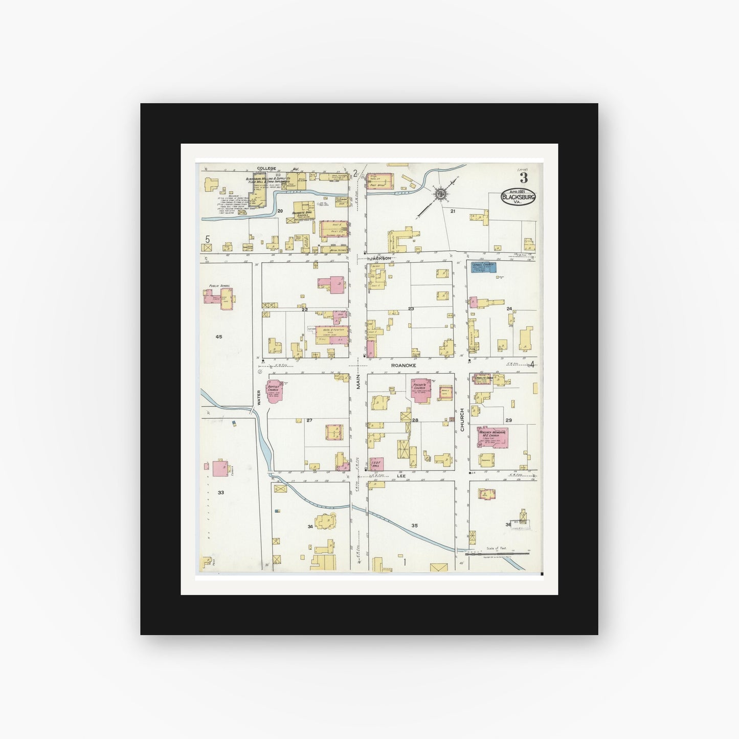 Old map wall art mockup — black gallery frame with white mat — Sanborn Fire Insurance Map from Blacksburg, Montgomery County, Virginia (1921), Sheet #0003