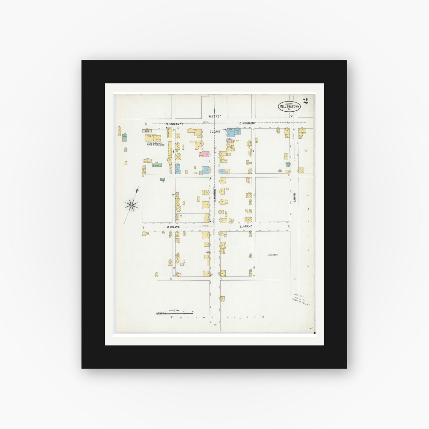 Old map wall art mockup — black gallery frame with white mat — Sanborn Fire Insurance Map from Millerstown, Perry County, Pennsylvania (1899), Sheet #0002