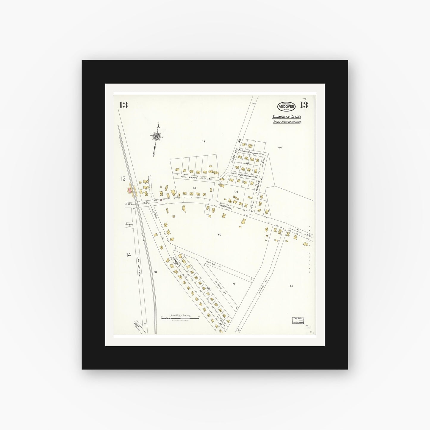Old map wall art mockup — black gallery frame with white mat — Sanborn Fire Insurance Map from Andover, Essex County, Massachusetts (1923), Sheet #0013