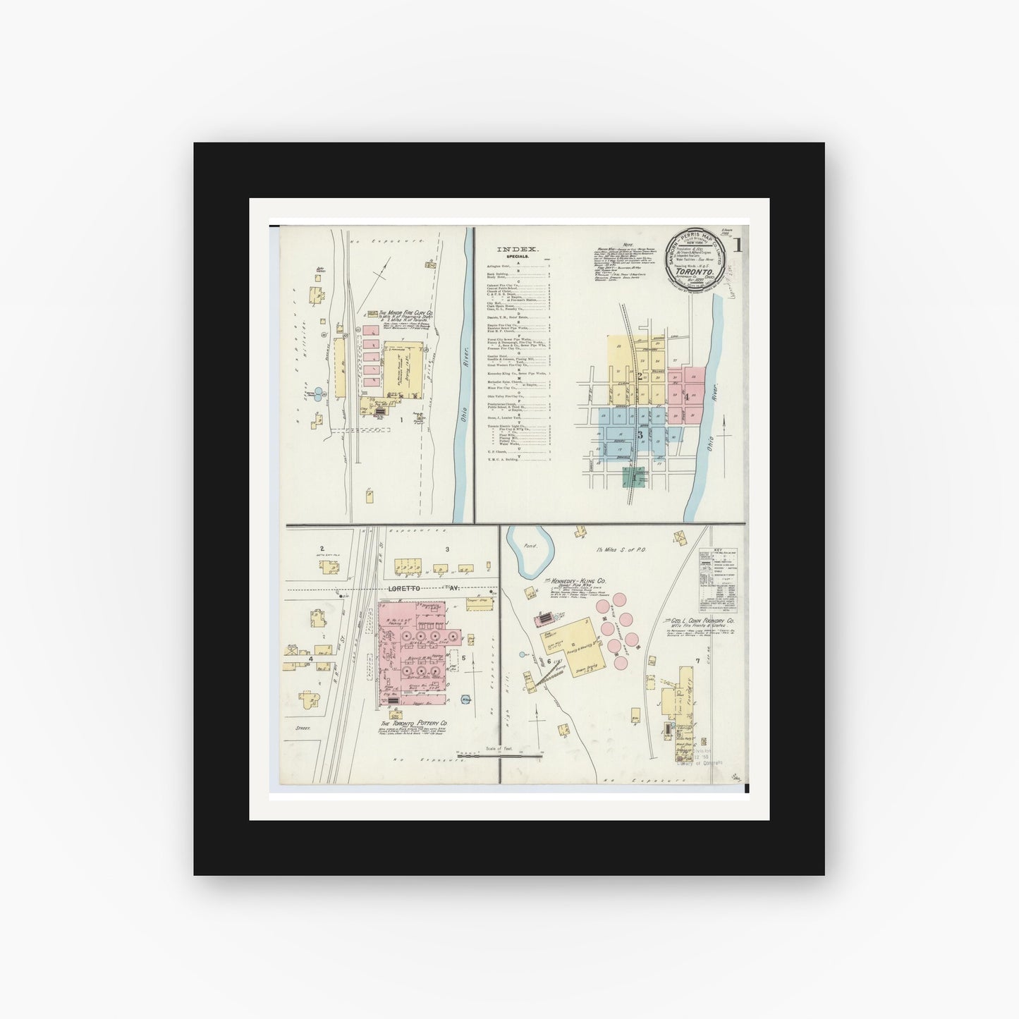 Old map wall art mockup — black gallery frame with white mat — Sanborn Fire Insurance Map from Toronto, Jefferson County, Ohio (1897), Sheet #0001