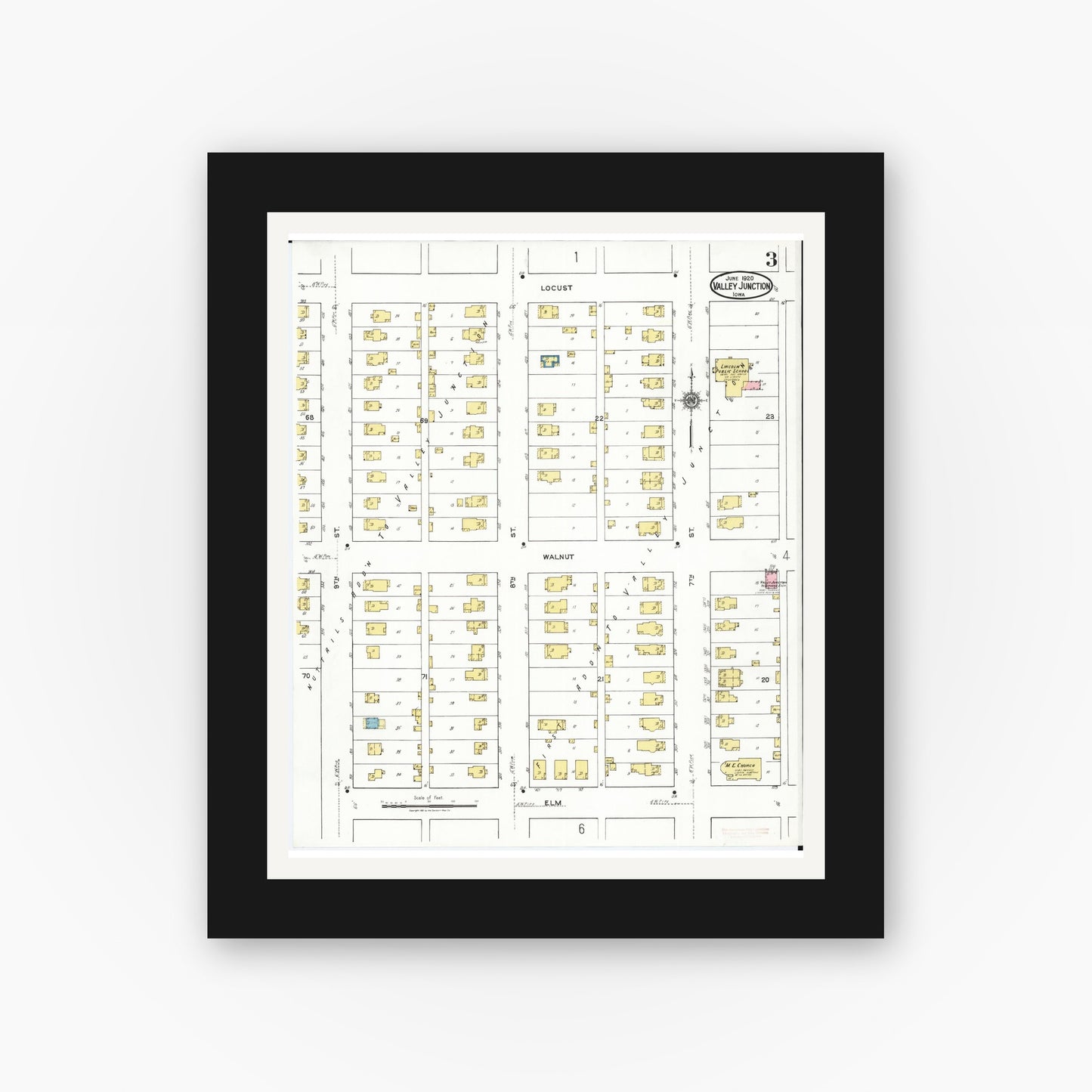 Old map wall art mockup — black gallery frame with white mat — Sanborn Fire Insurance Map from Valley Junction, Polk County, Iowa (1920), Sheet #0003