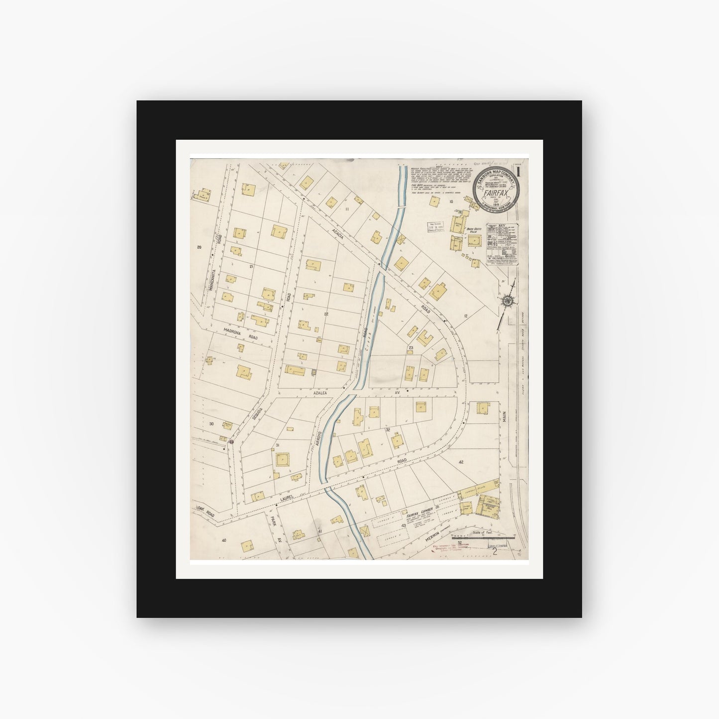 Old map wall art mockup — black gallery frame with white mat — Sanborn Fire Insurance Map from Fairfax, Marin County, California (1919) - Complete Map Set