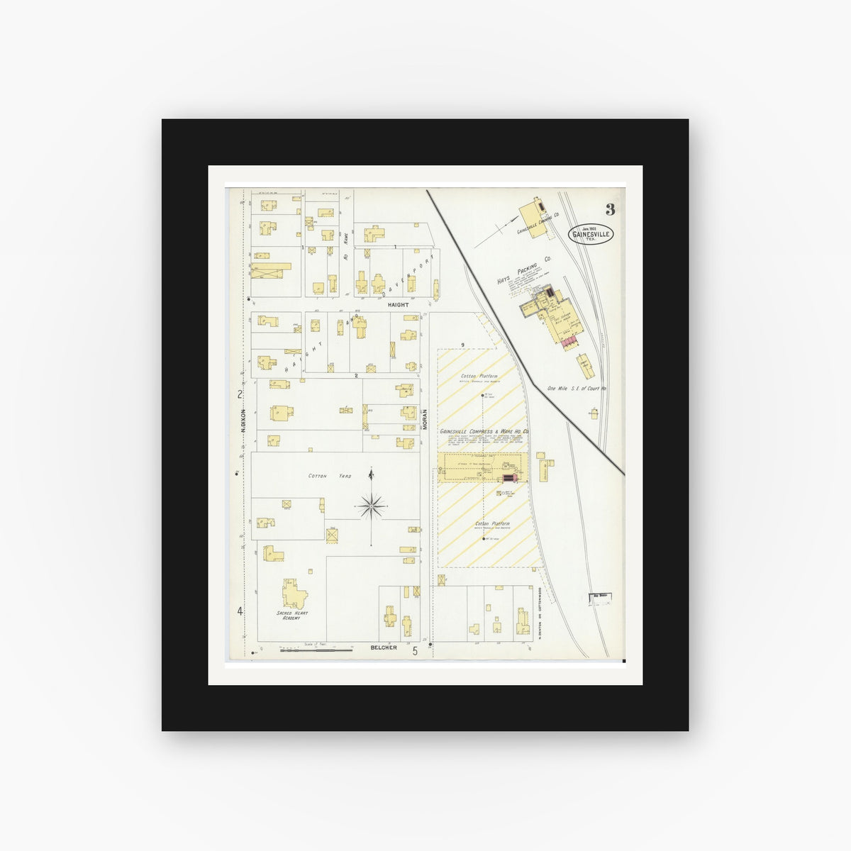 Old map wall art mockup — black gallery frame with white mat — Sanborn Fire Insurance Map from Gainesville, Cooke County, Texas (1902), Sheet #0003
