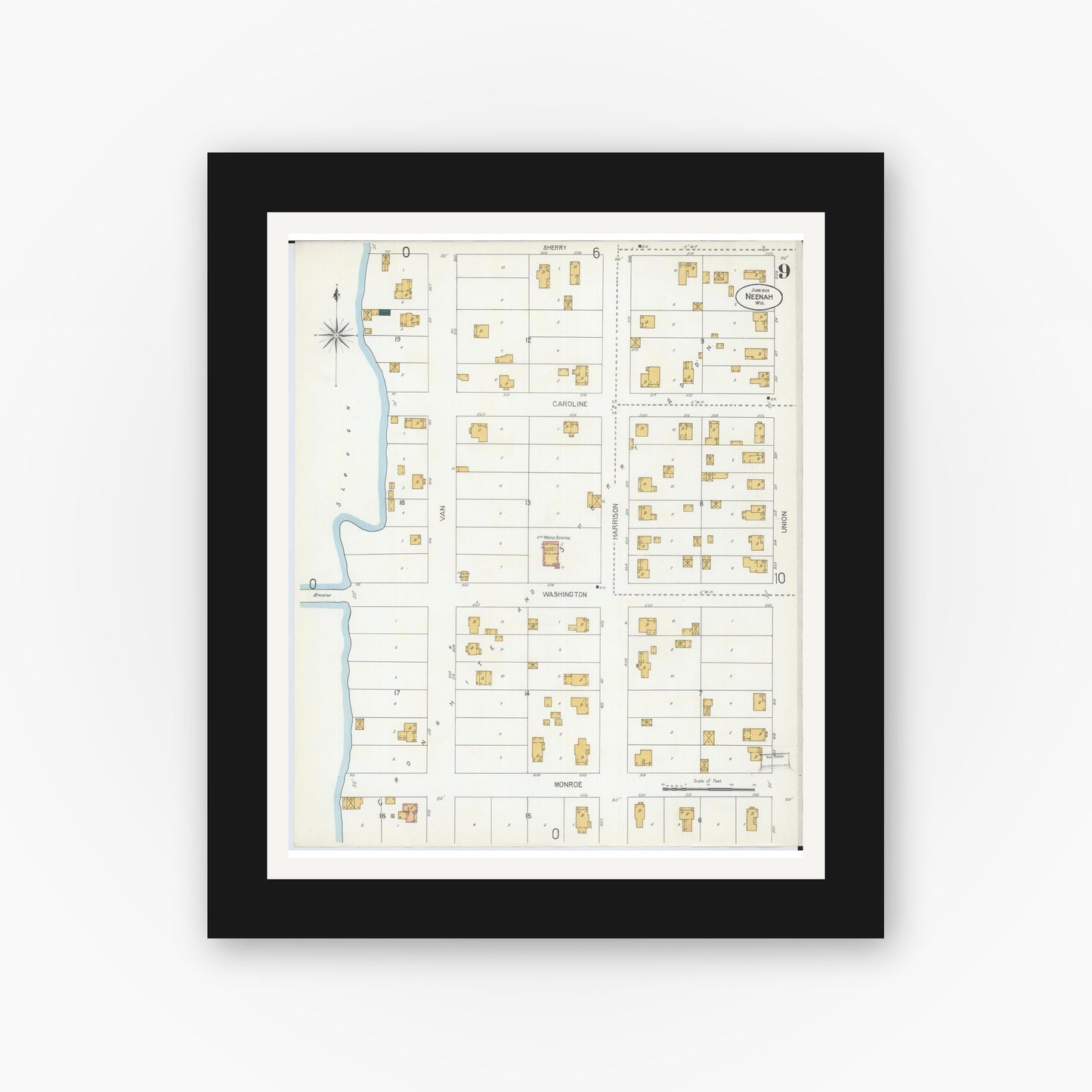 Old map wall art mockup — black gallery frame with white mat — Sanborn Fire Insurance Map from Neenah, Winnebago County, Wisconsin (1906), Sheet #0009