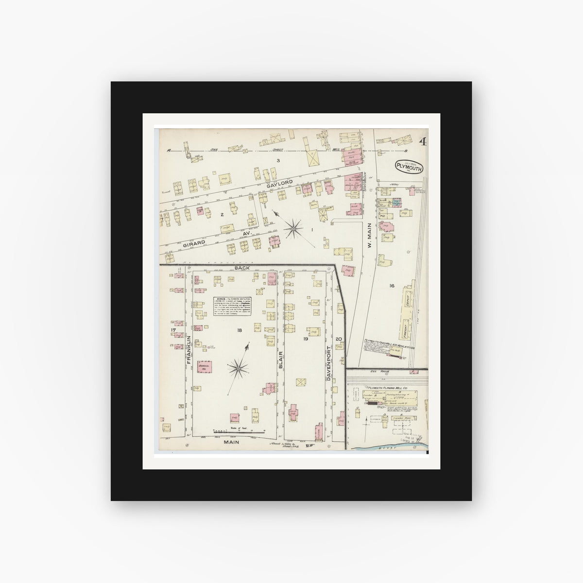 Old map wall art mockup — black gallery frame with white mat — Sanborn Fire Insurance Map from Plymouth, Luzerne County, Pennsylvania (1884), Sheet #0004