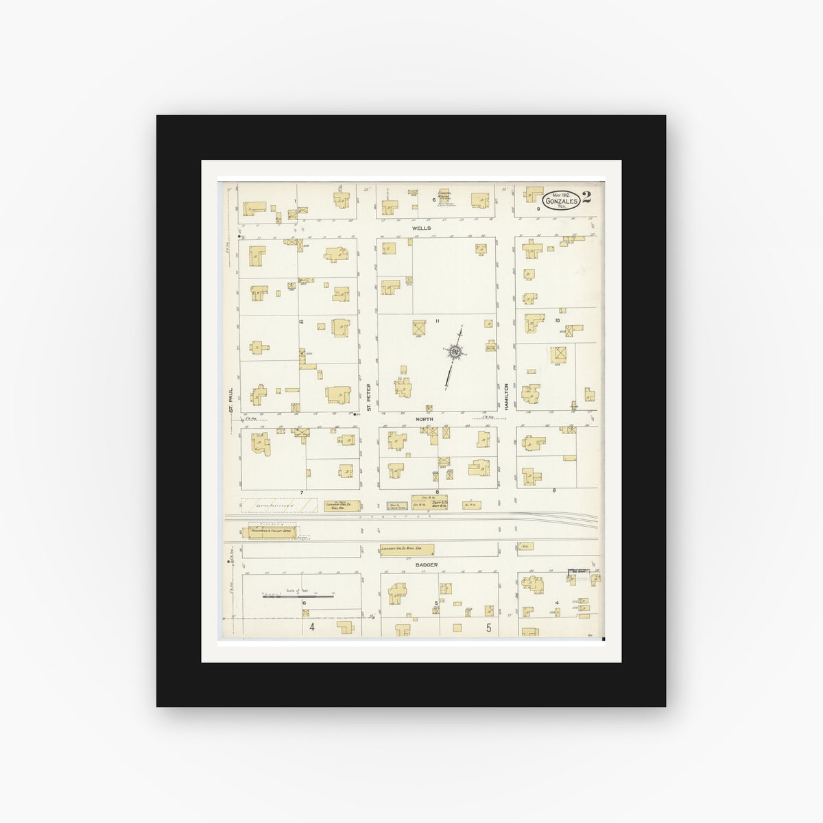 Old map wall art mockup — black gallery frame with white mat — Sanborn Fire Insurance Map from Gonzales, Gonzales County, Texas (1912), Sheet #0002