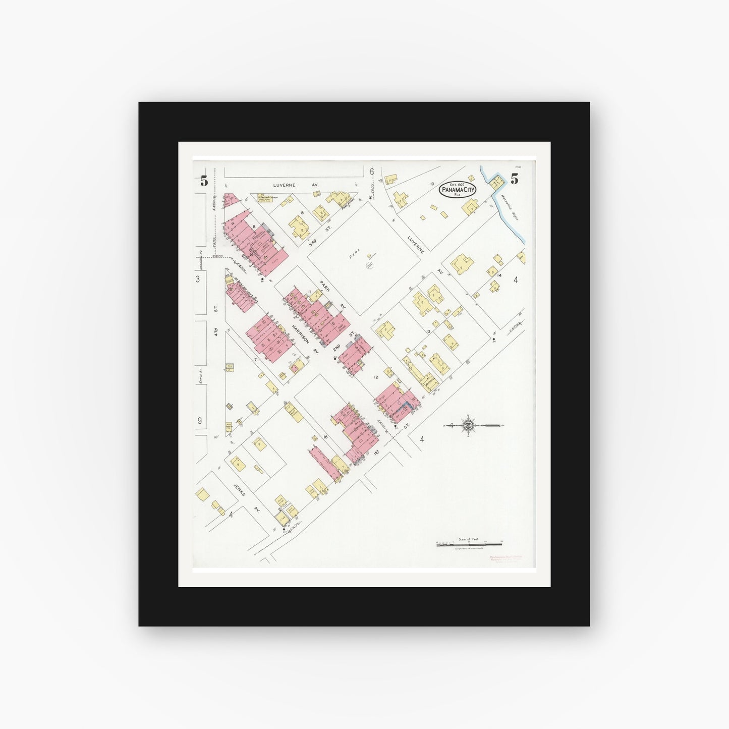 Old map wall art mockup — black gallery frame with white mat — Sanborn Fire Insurance Map from Panama City, Bay County, Florida (1927), Sheet #0005