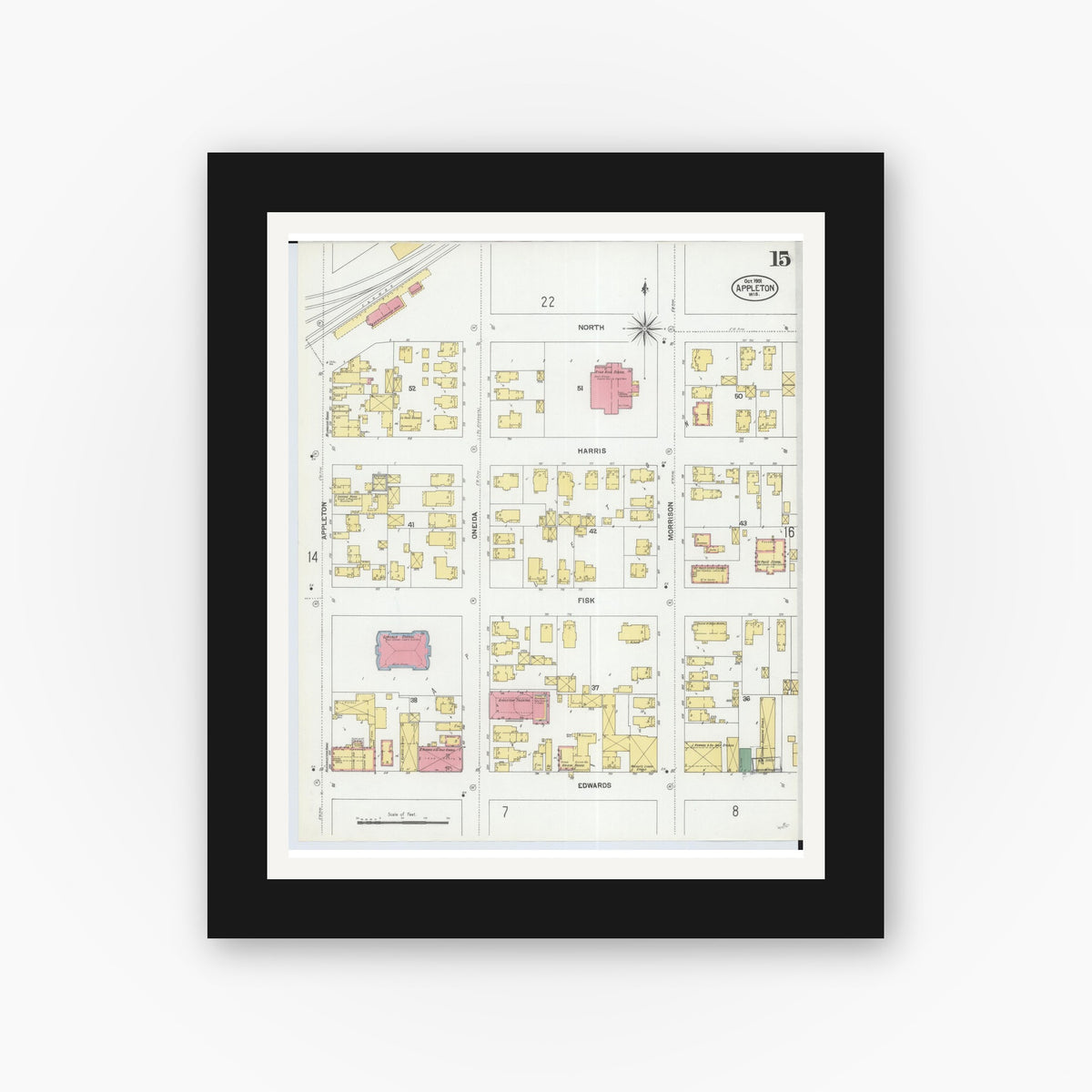 Old map wall art mockup — black gallery frame with white mat — Sanborn Fire Insurance Map from Appleton, Outagamie County, Wisconsin (1901), Sheet #0015