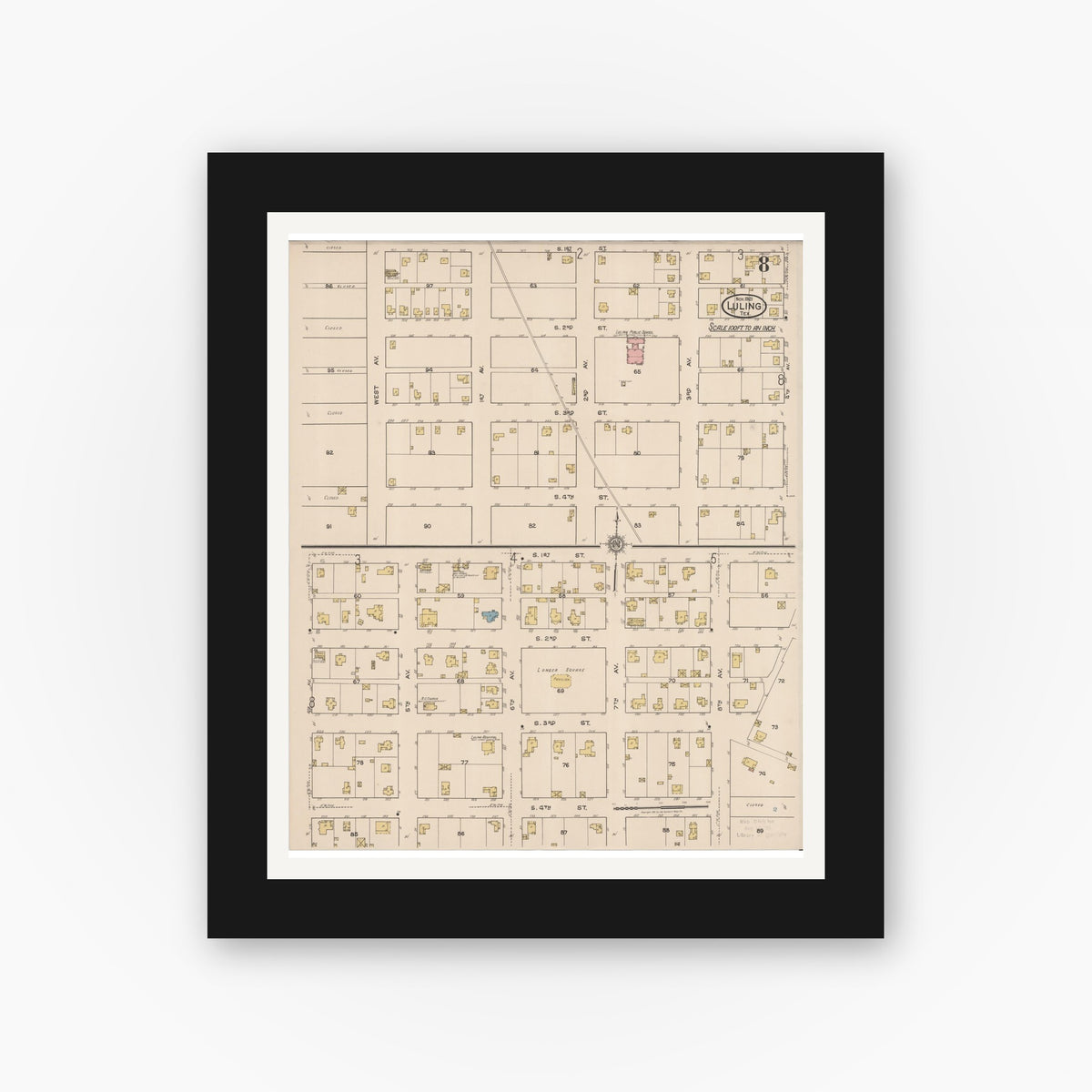Old map wall art mockup — black gallery frame with white mat — Sanborn Fire Insurance Map from Luling, Caldwell County, Texas (1921), Sheet #0008