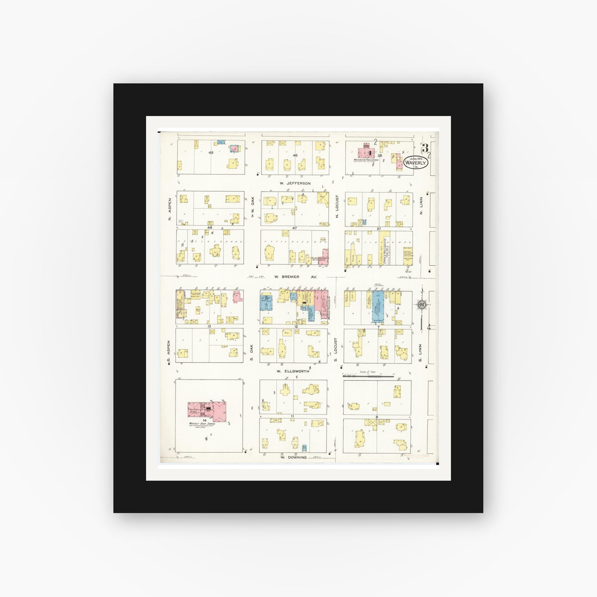 Old map wall art mockup — black gallery frame with white mat — Sanborn Fire Insurance Map from Waverly, Bremer County, Iowa (1915), Sheet #0003