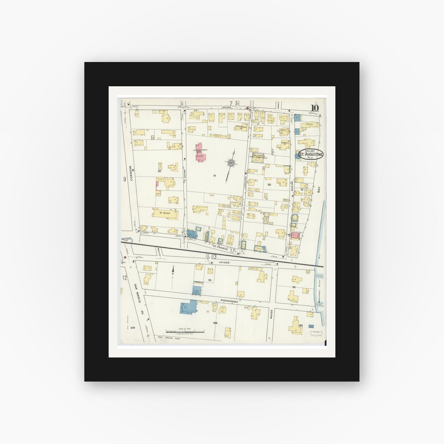 Old map wall art mockup — black gallery frame with white mat — Sanborn Fire Insurance Map from Saint Augustine, Saint John's County, Florida (1917), Sheet #0010