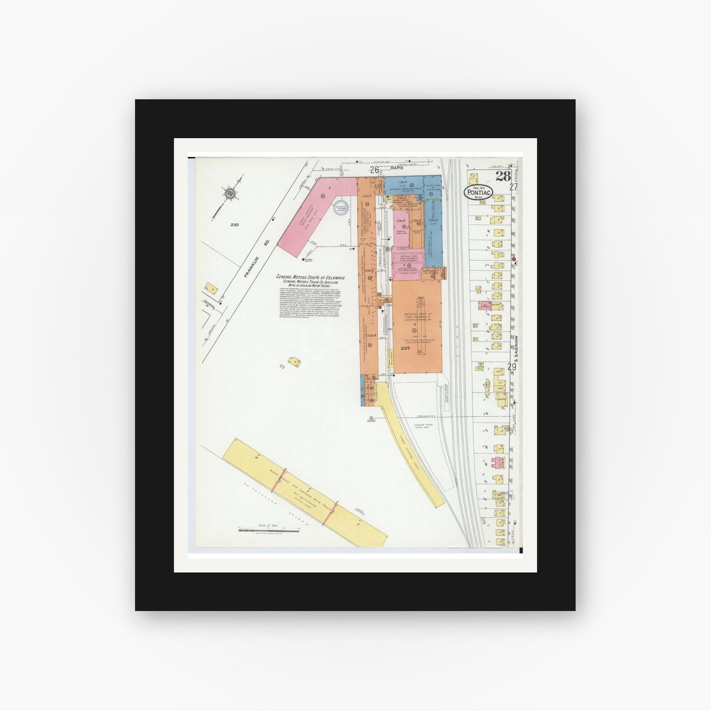 Old map wall art mockup — black gallery frame with white mat — Sanborn Fire Insurance Map from Pontiac, Oakland County, Michigan (1919), Sheet #0028