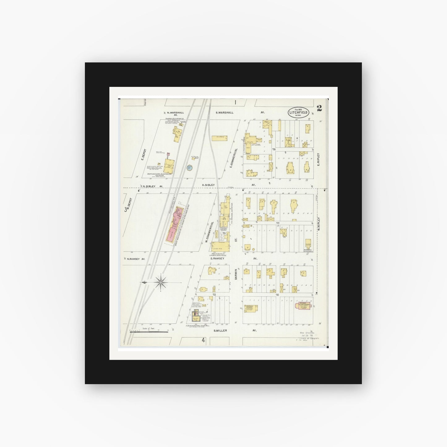 Old map wall art mockup — black gallery frame with white mat — Sanborn Fire Insurance Map from Litchfield, Meeker County, Minnesota (1903), Sheet #0002