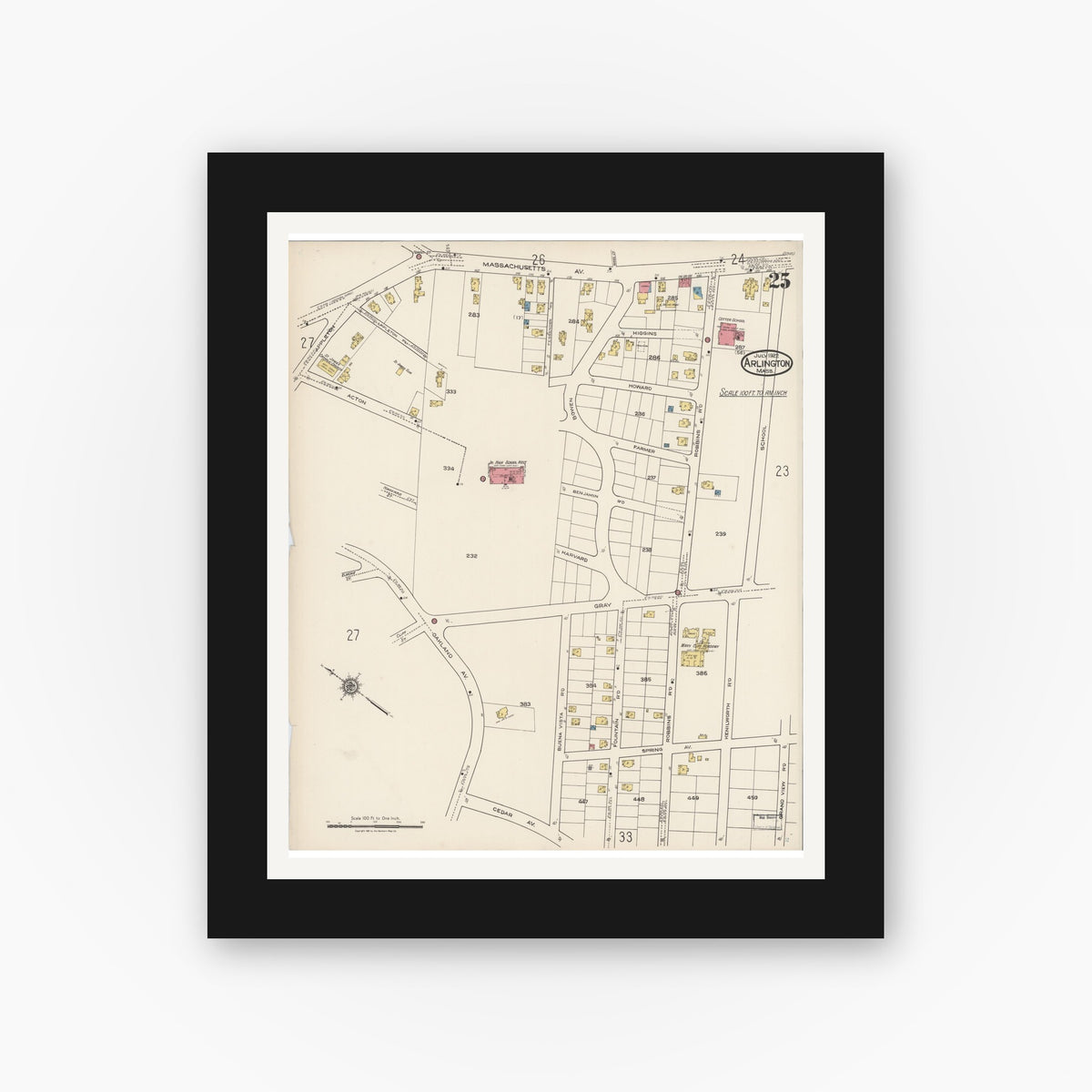 Old map wall art mockup — black gallery frame with white mat — Sanborn Fire Insurance Map from Arlington, Middlesex County, Massachusetts (1922), Sheet #0025
