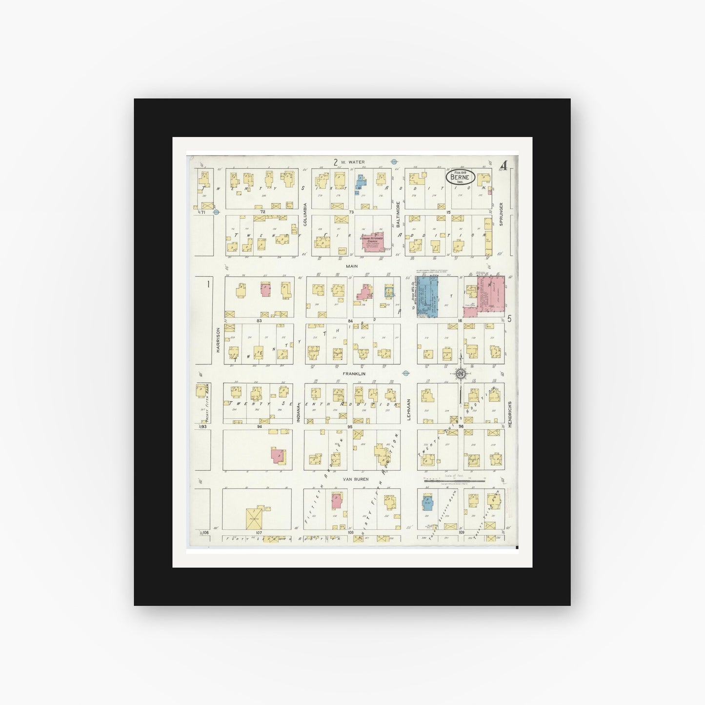 Old map wall art mockup — black gallery frame with white mat — Sanborn Fire Insurance Map from Berne, Adams County, Indiana (1919), Sheet #0004
