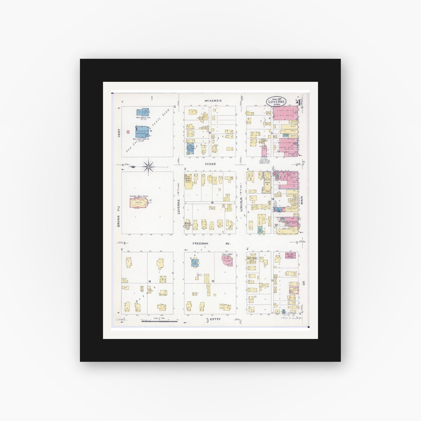 Old map wall art mockup — black gallery frame with white mat — Sanborn Fire Insurance Map from Luverne, Rock County, Minnesota (1907), Sheet #0004