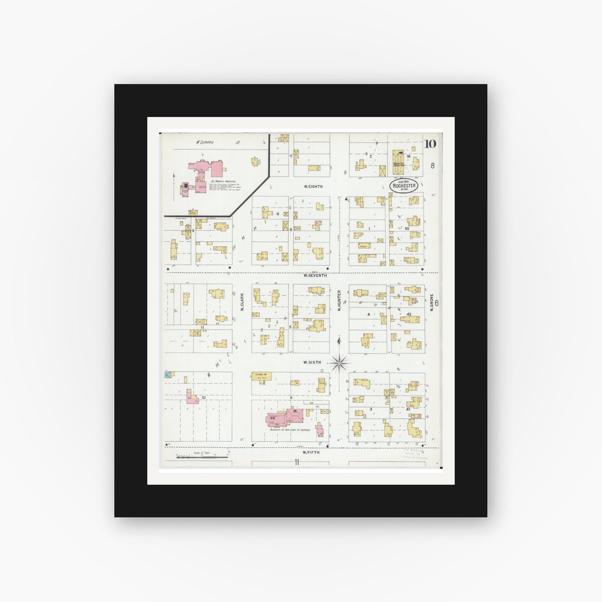 Old map wall art mockup — black gallery frame with white mat — Sanborn Fire Insurance Map from Rochester, Olmsted County, Minnesota (1899), Sheet #0010